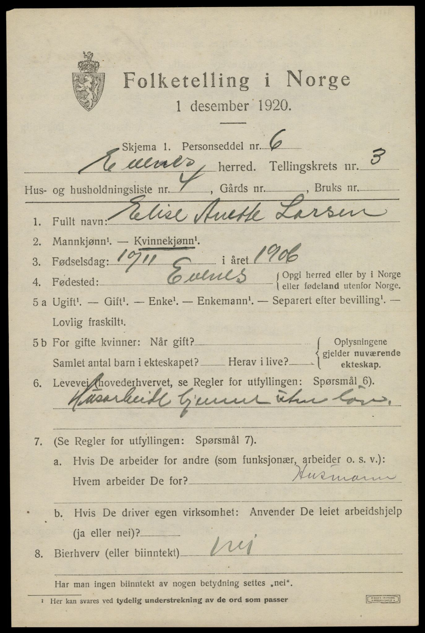 SAT, 1920 census for Evenes, 1920, p. 2994