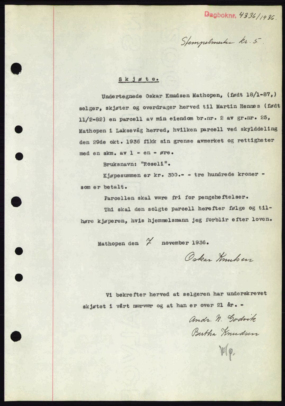 Midhordland sorenskriveri, SAB/A-3001/1/G/Gb/Gbk/L0001: Mortgage book no. A1-6, 1936-1937, Diary no: : 4336/1936