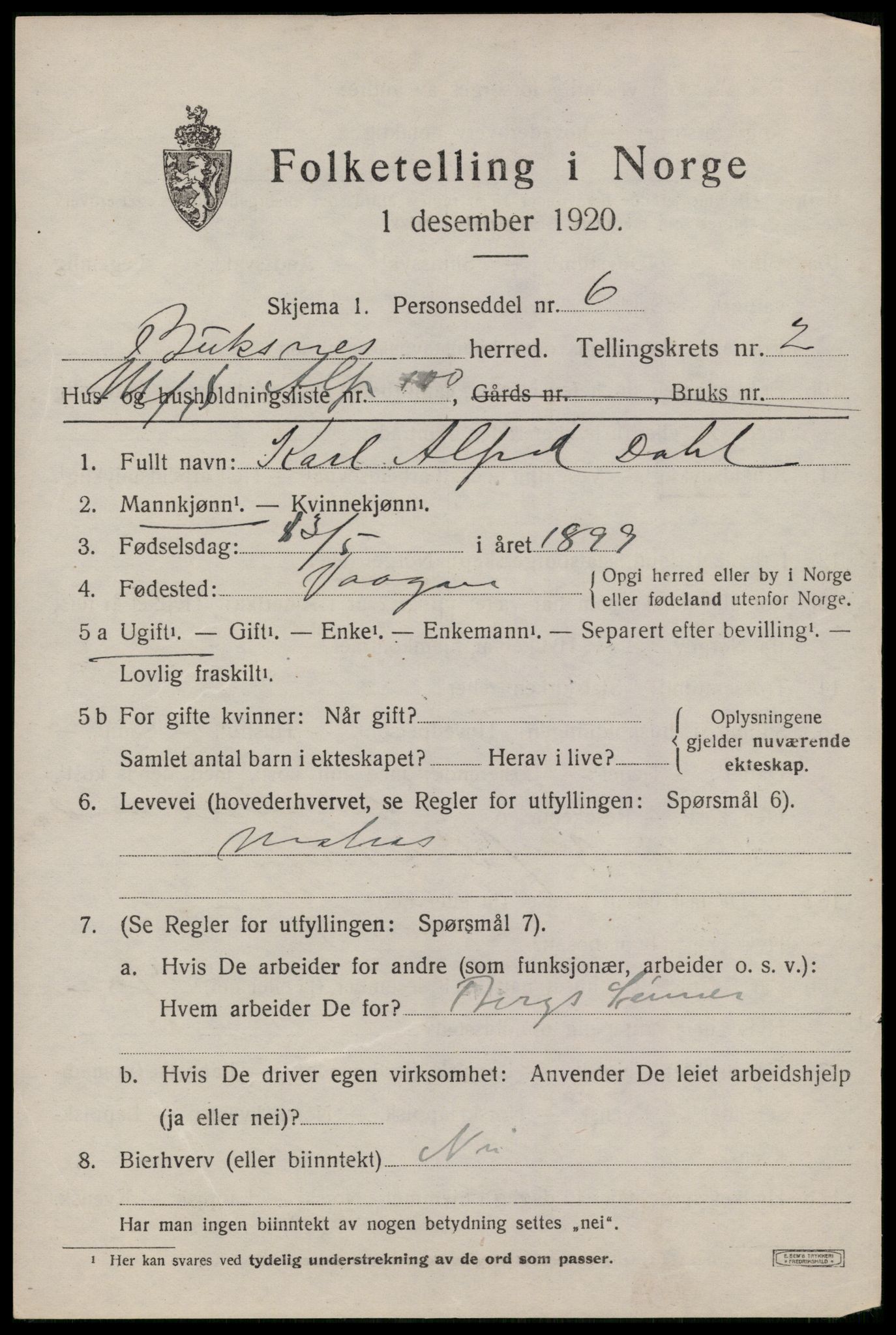 SAT, 1920 census for Buksnes, 1920, p. 3381