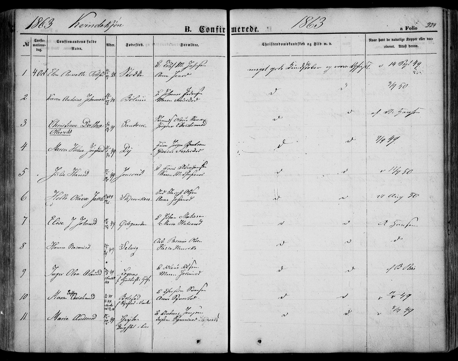 Sande Kirkebøker, SAKO/A-53/F/Fa/L0004: Parish register (official) no. 4, 1847-1864, p. 224