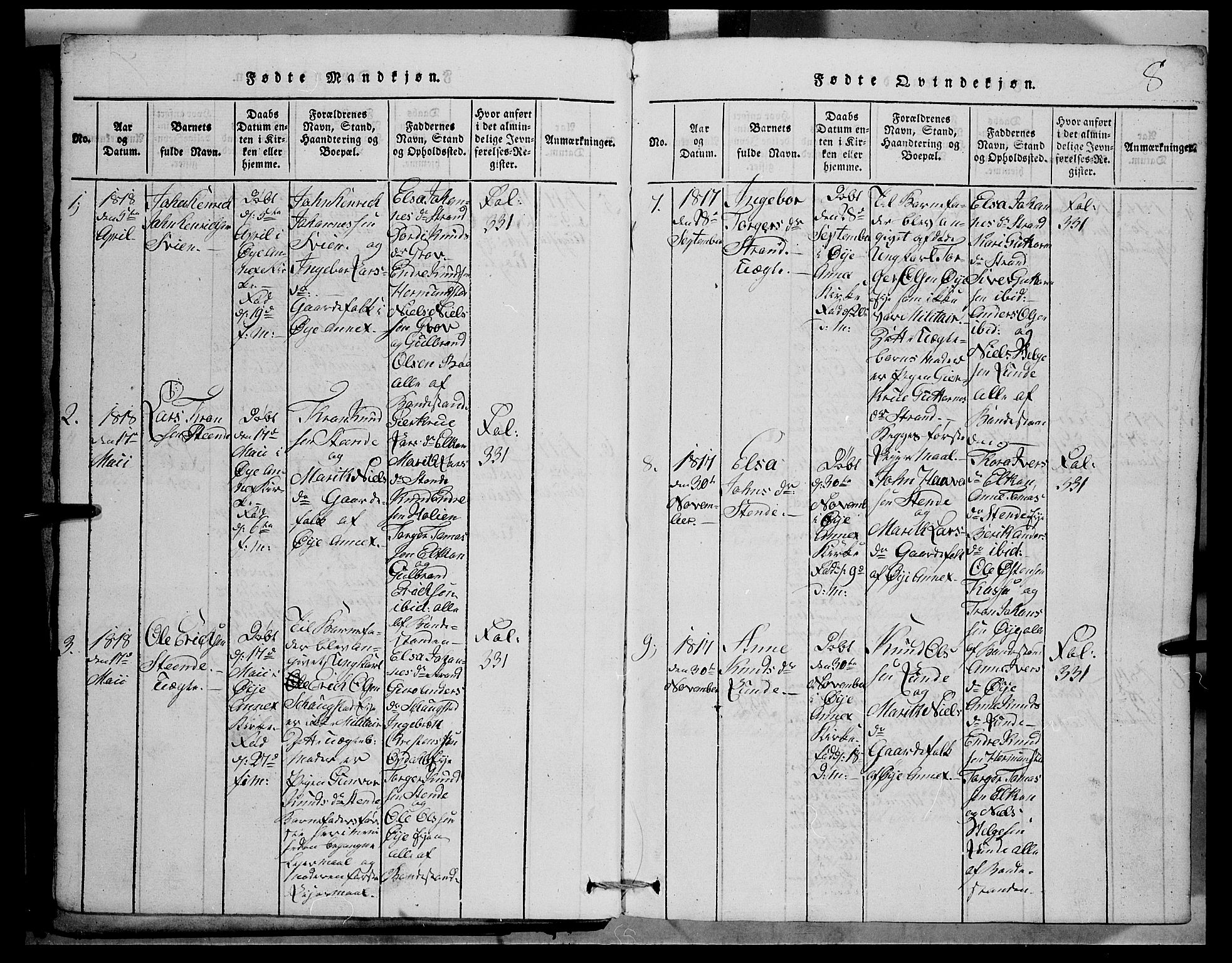 Vang prestekontor, Valdres, SAH/PREST-140/H/Hb/L0001: Parish register (copy) no. 1, 1814-1820, p. 8
