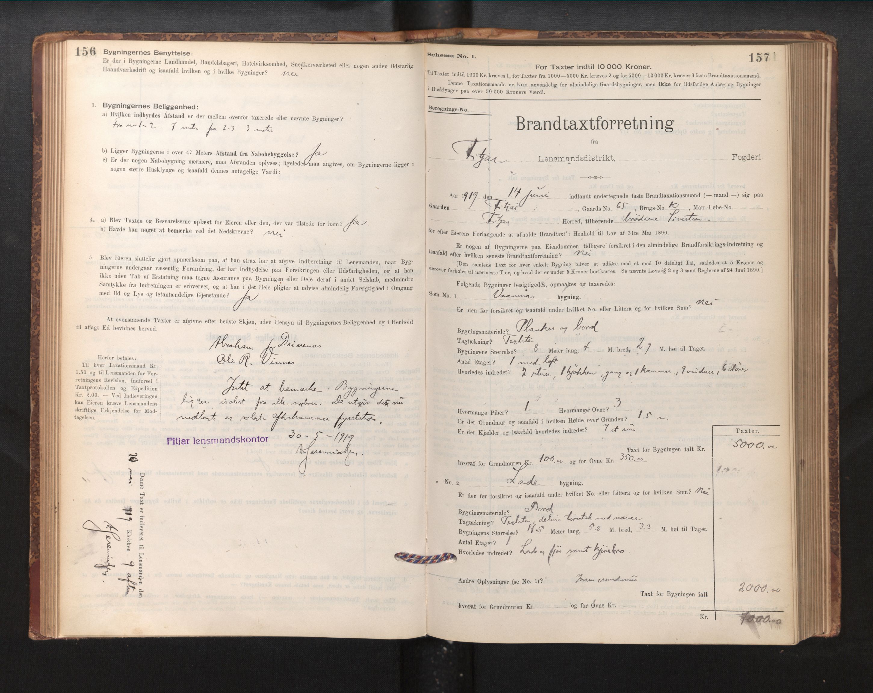 Lensmannen i Fitjar, AV/SAB-A-32001/0012/L0001: Branntakstprotokoll, skjematakst, 1895-1948, p. 156-157