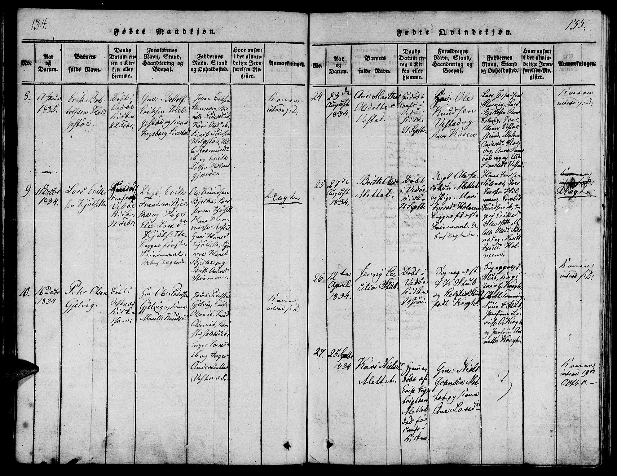 Ministerialprotokoller, klokkerbøker og fødselsregistre - Møre og Romsdal, AV/SAT-A-1454/547/L0602: Parish register (official) no. 547A04, 1818-1845, p. 134-135