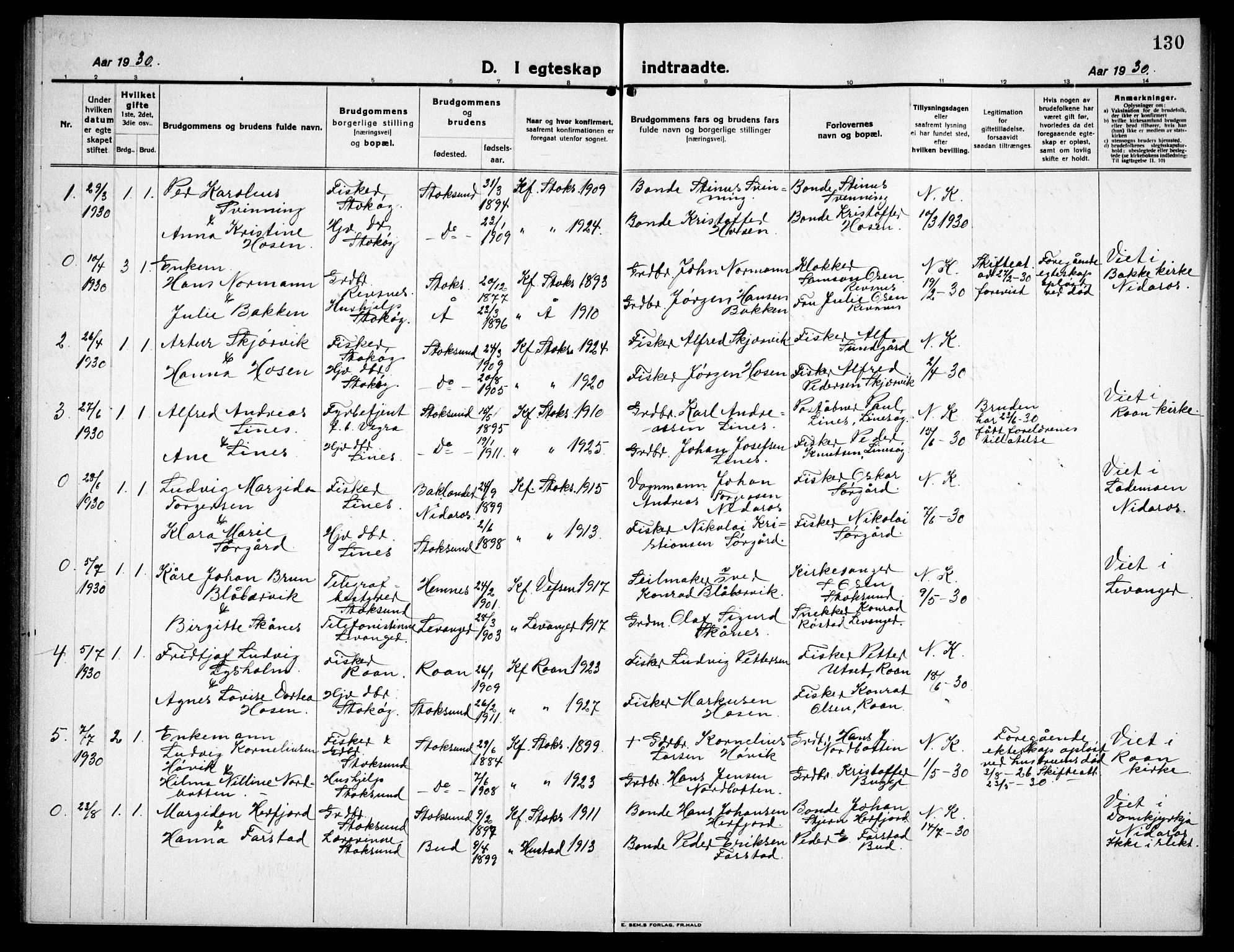 Ministerialprotokoller, klokkerbøker og fødselsregistre - Sør-Trøndelag, AV/SAT-A-1456/656/L0696: Parish register (copy) no. 656C02, 1921-1937, p. 130