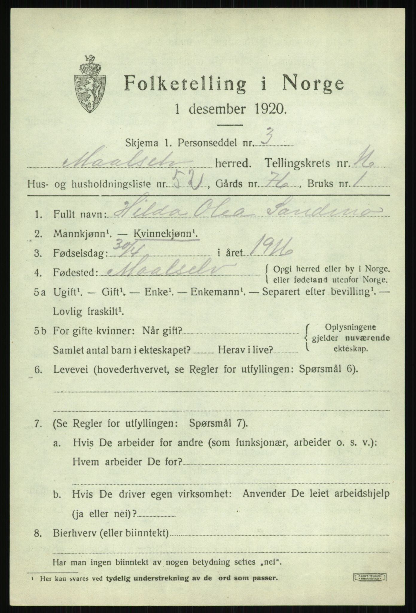 SATØ, 1920 census for Målselv, 1920, p. 8621