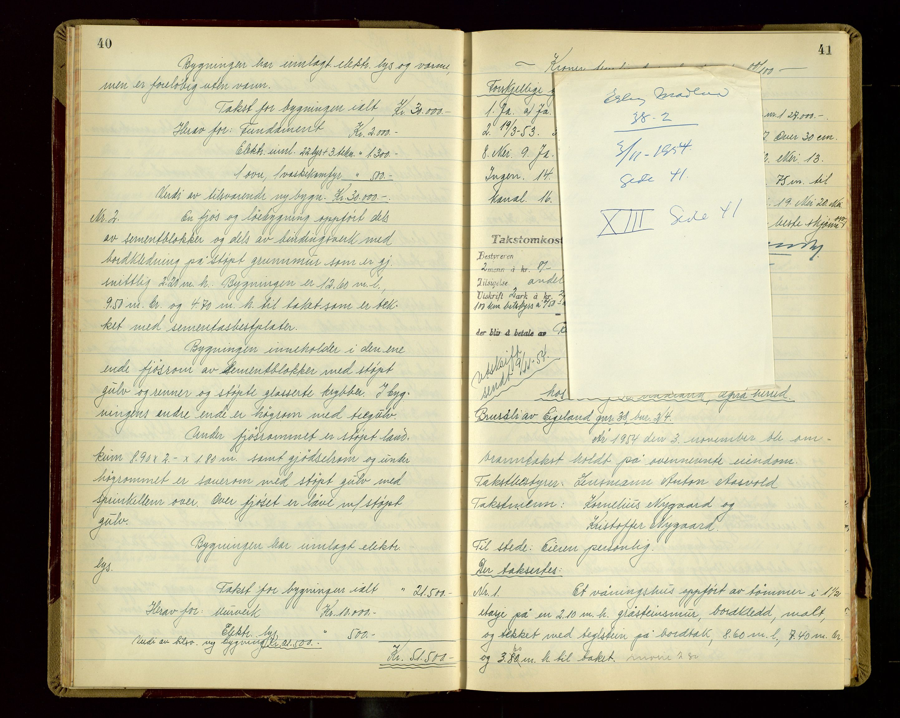 Eigersund lensmannskontor, AV/SAST-A-100171/Goa/L0013: "Branntakstprotokoll", 1954-1955, p. 40-41