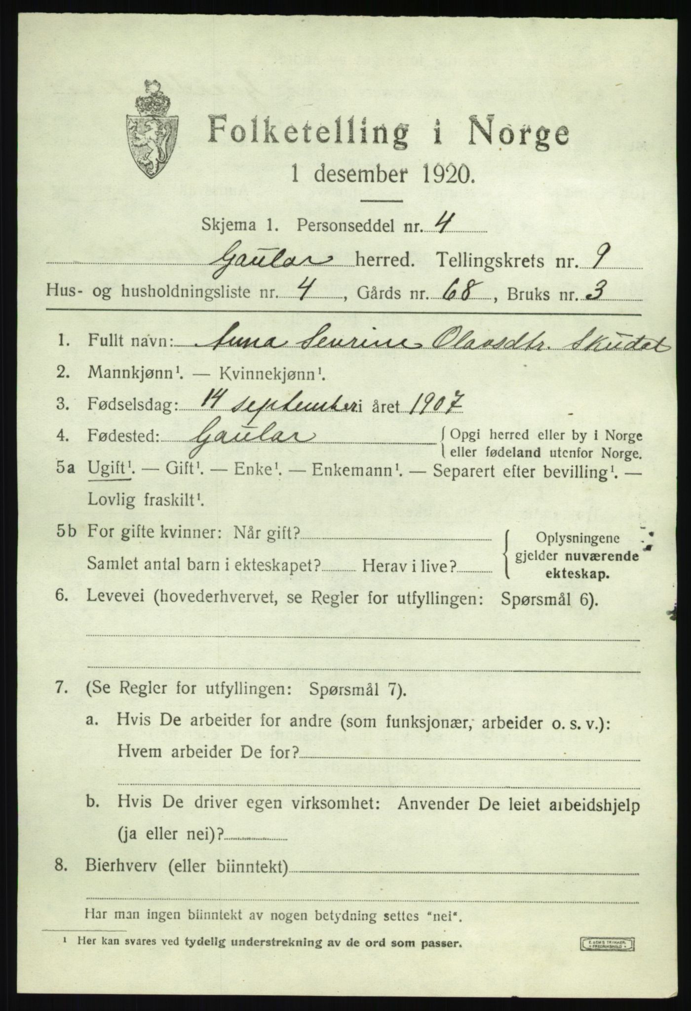 SAB, 1920 census for Gaular, 1920, p. 4178