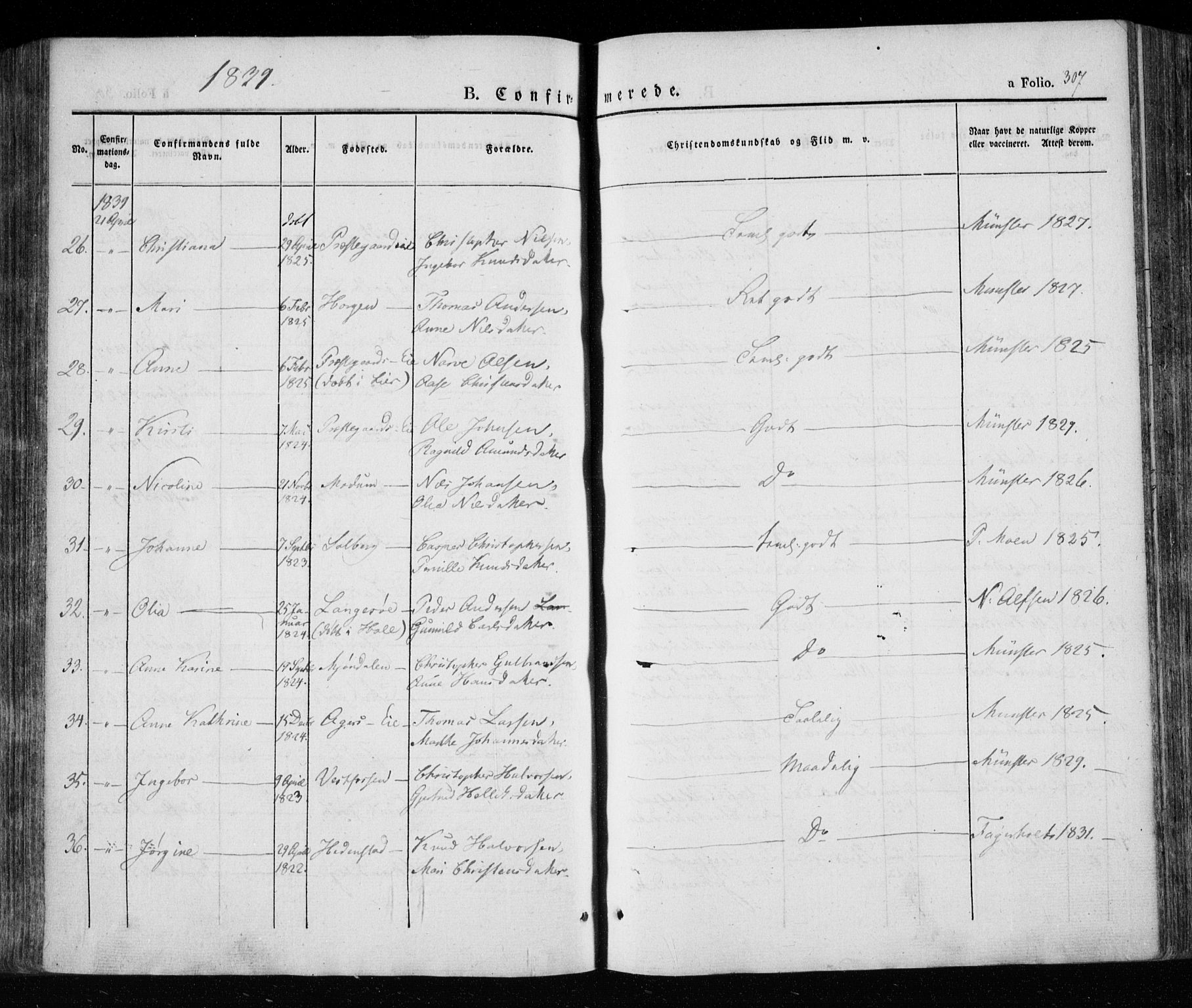 Eiker kirkebøker, SAKO/A-4/F/Fa/L0013a: Parish register (official) no. I 13A, 1832-1845, p. 307