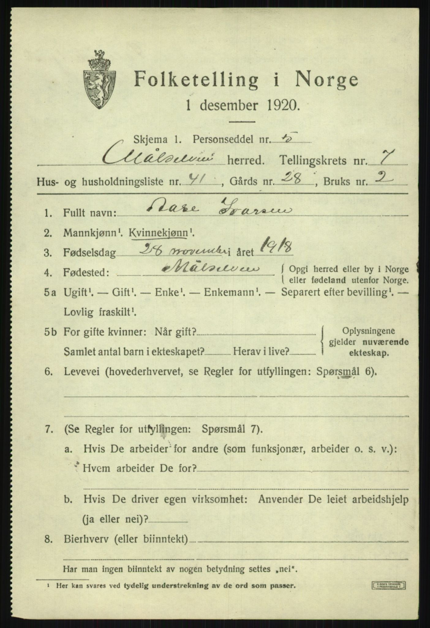 SATØ, 1920 census for Målselv, 1920, p. 4835