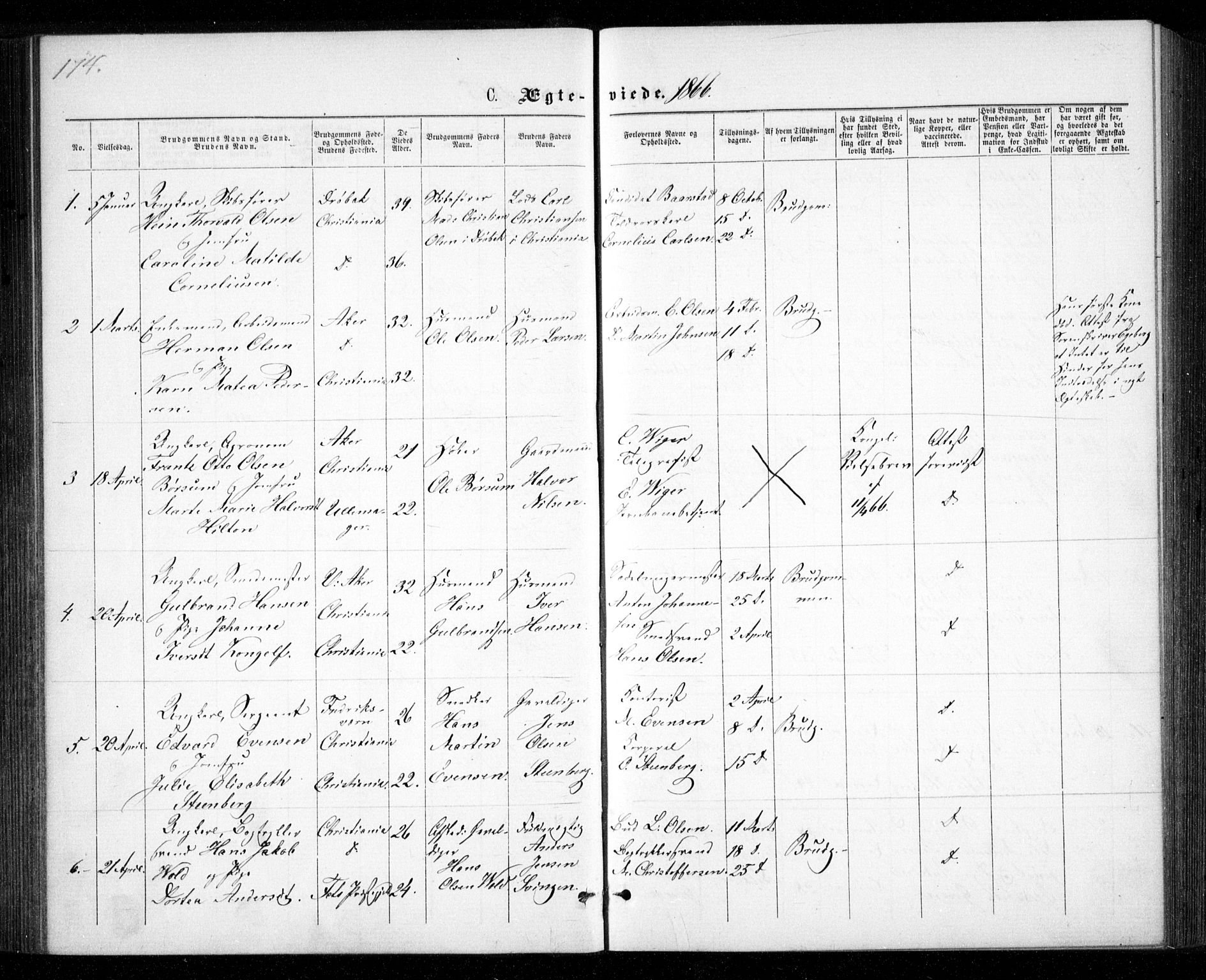 Garnisonsmenigheten Kirkebøker, SAO/A-10846/G/Ga/L0006: Parish register (copy) no. 6, 1860-1880, p. 174