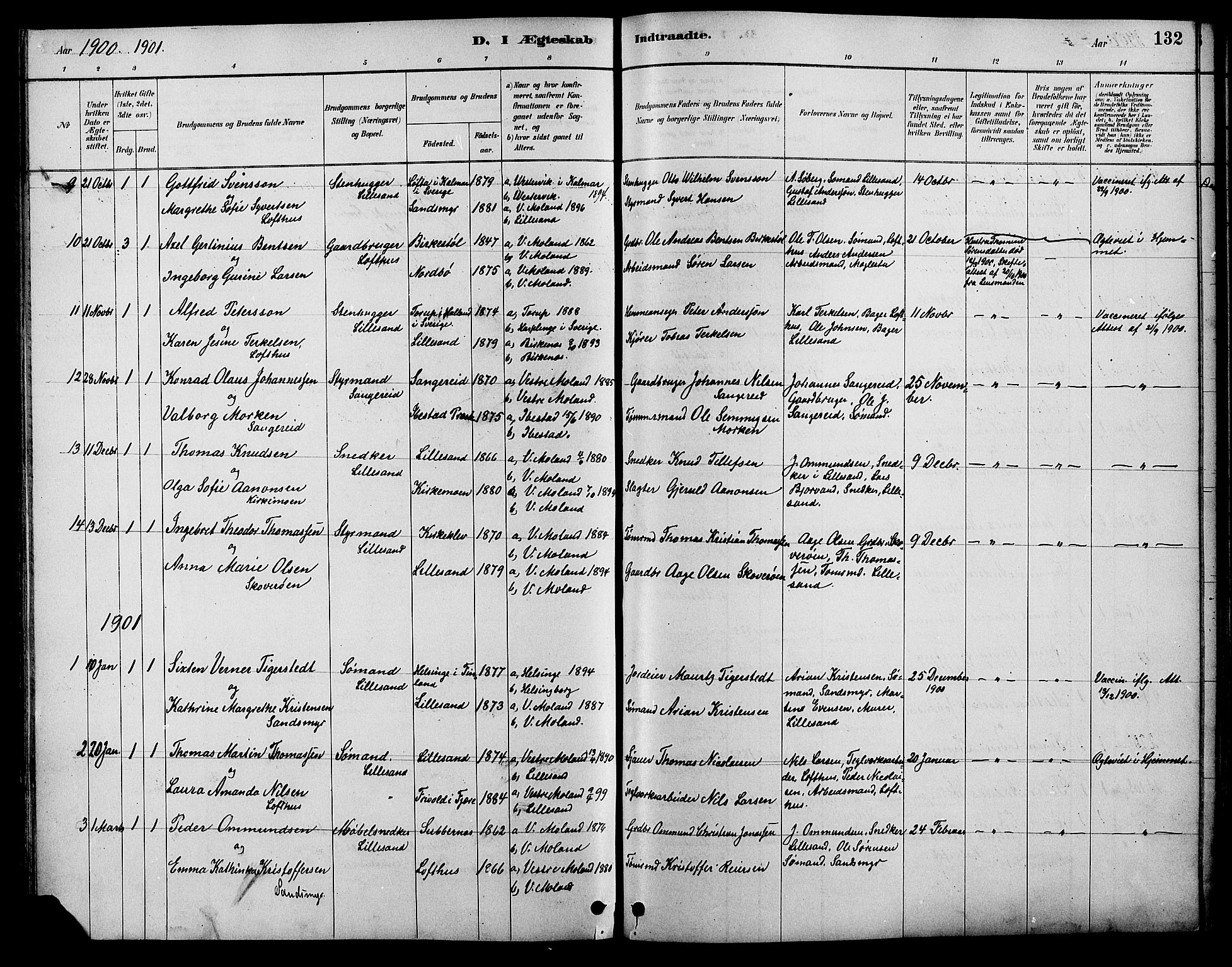 Vestre Moland sokneprestkontor, SAK/1111-0046/F/Fb/Fbb/L0006: Parish register (copy) no. B 6, 1884-1905, p. 132
