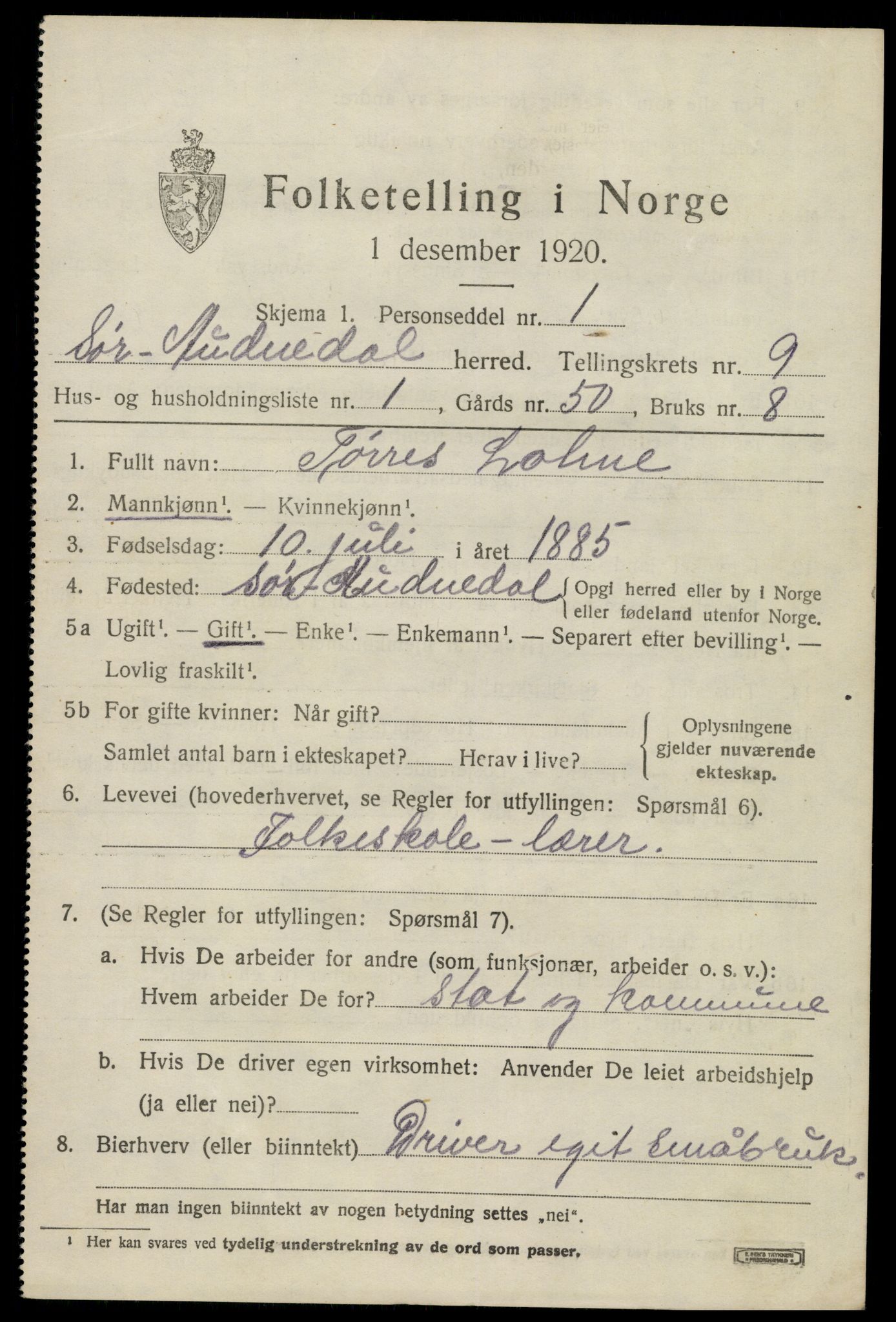 SAK, 1920 census for Sør-Audnedal, 1920, p. 3469