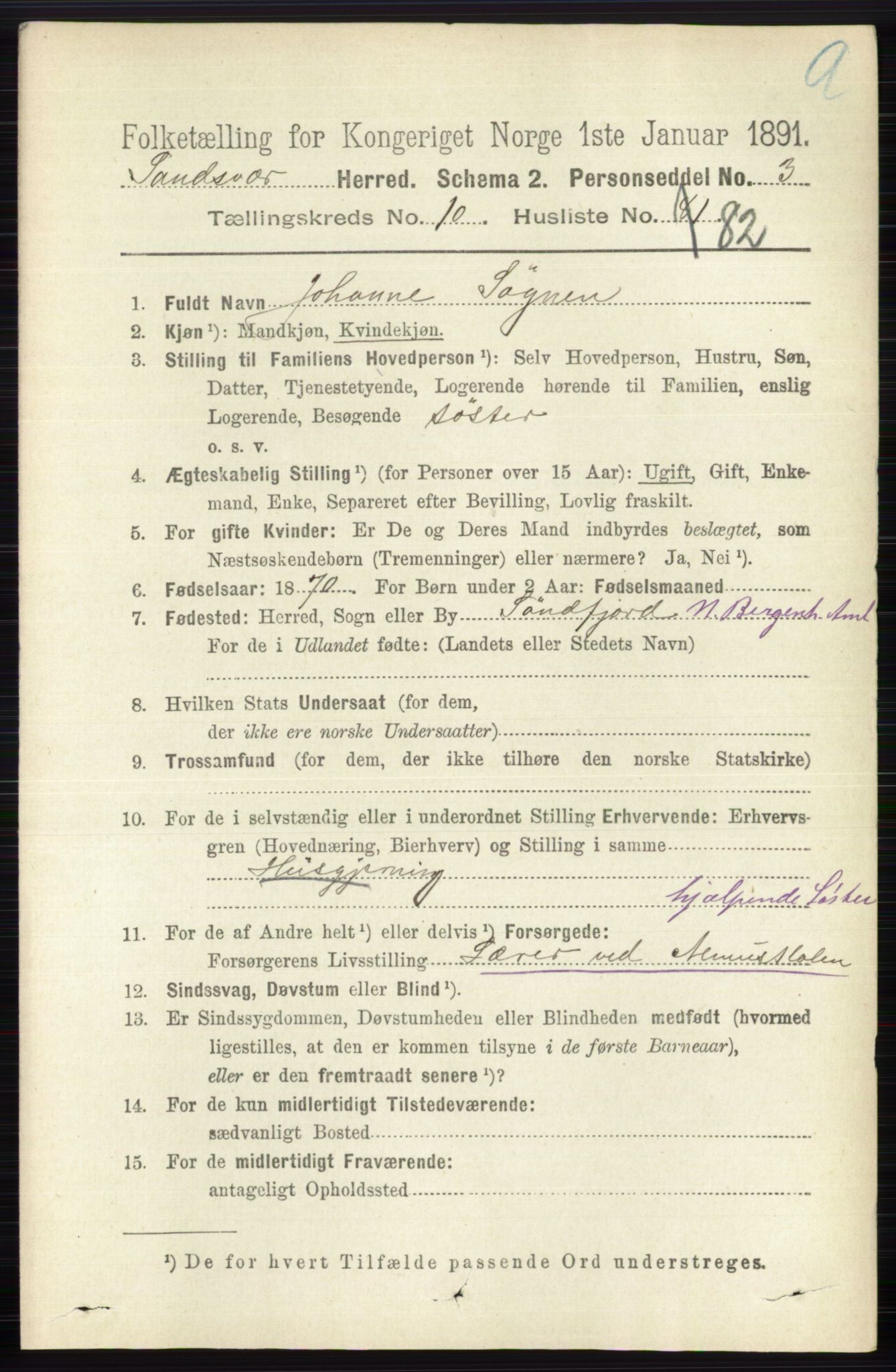 RA, 1891 census for 0629 Sandsvær, 1891, p. 5466