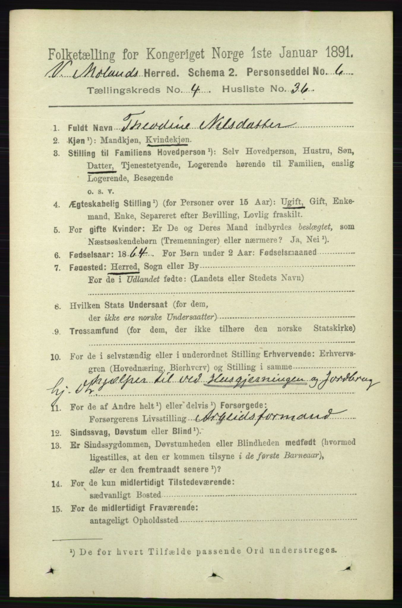 RA, 1891 census for 0926 Vestre Moland, 1891, p. 1494