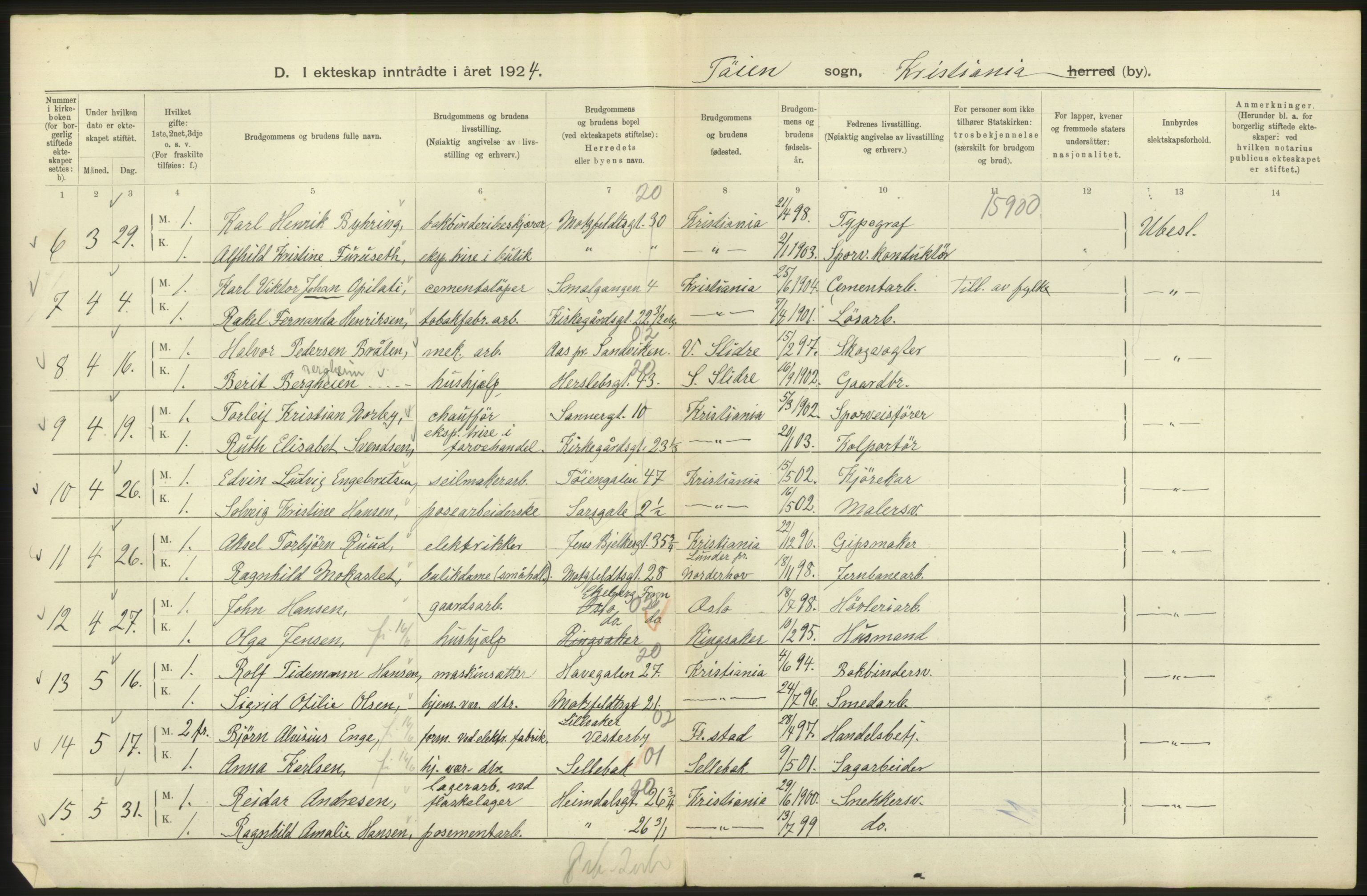 Statistisk sentralbyrå, Sosiodemografiske emner, Befolkning, AV/RA-S-2228/D/Df/Dfc/Dfcd/L0007: Kristiania: Gifte, 1924, p. 698