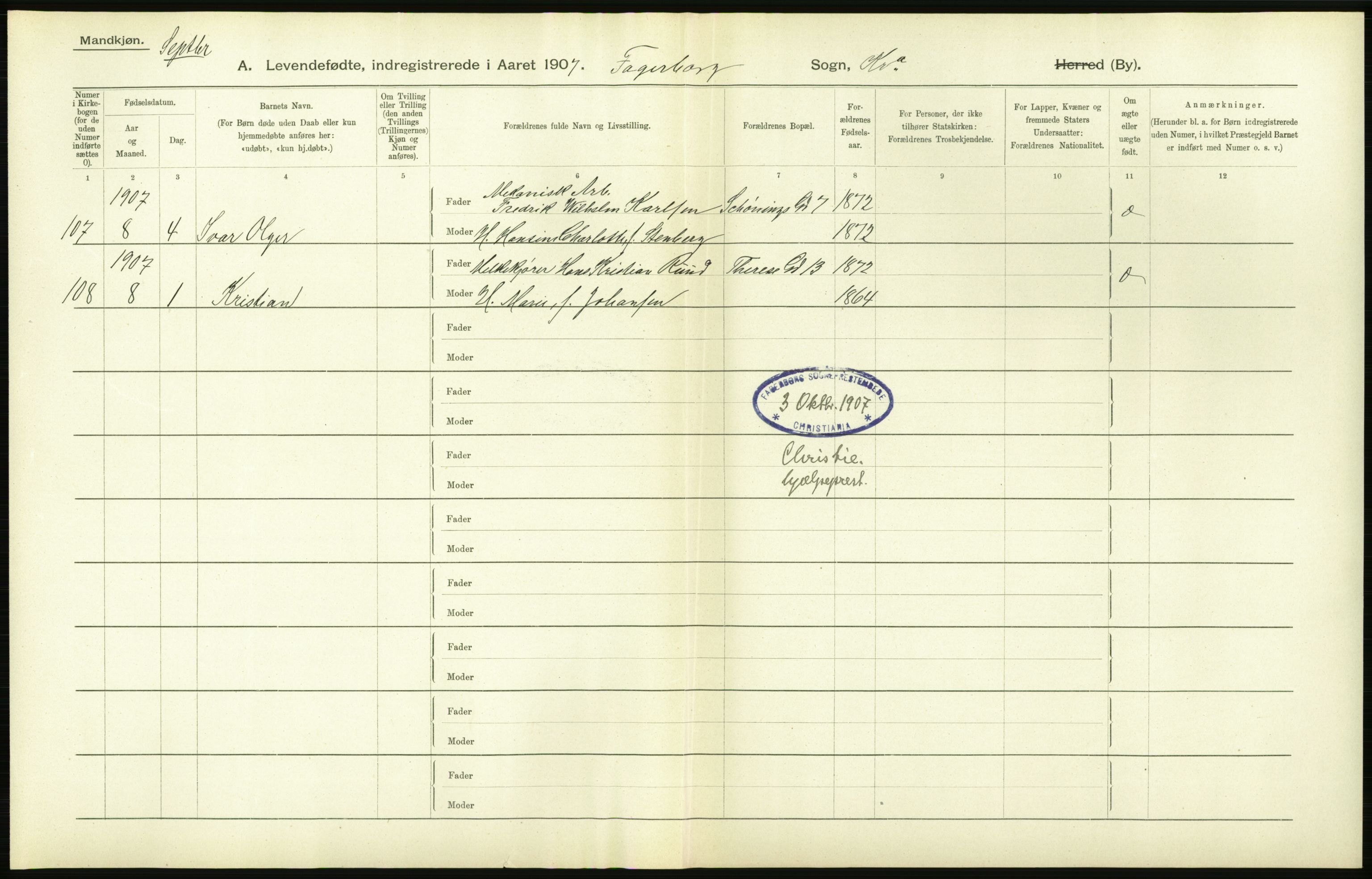 Statistisk sentralbyrå, Sosiodemografiske emner, Befolkning, AV/RA-S-2228/D/Df/Dfa/Dfae/L0006: Kristiania: Levendefødte menn og kvinner., 1907, p. 140