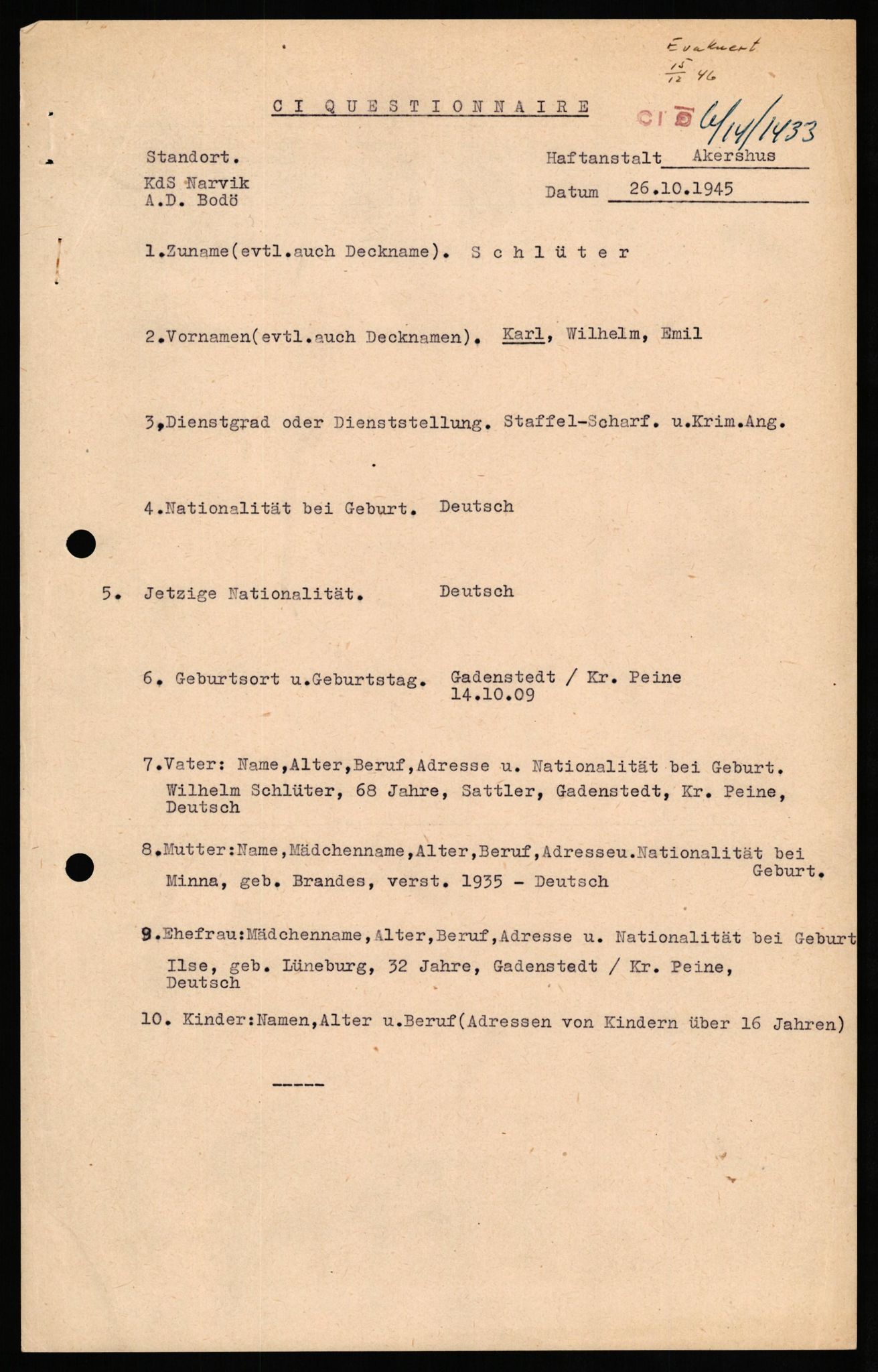 Forsvaret, Forsvarets overkommando II, AV/RA-RAFA-3915/D/Db/L0029: CI Questionaires. Tyske okkupasjonsstyrker i Norge. Tyskere., 1945-1946, p. 303