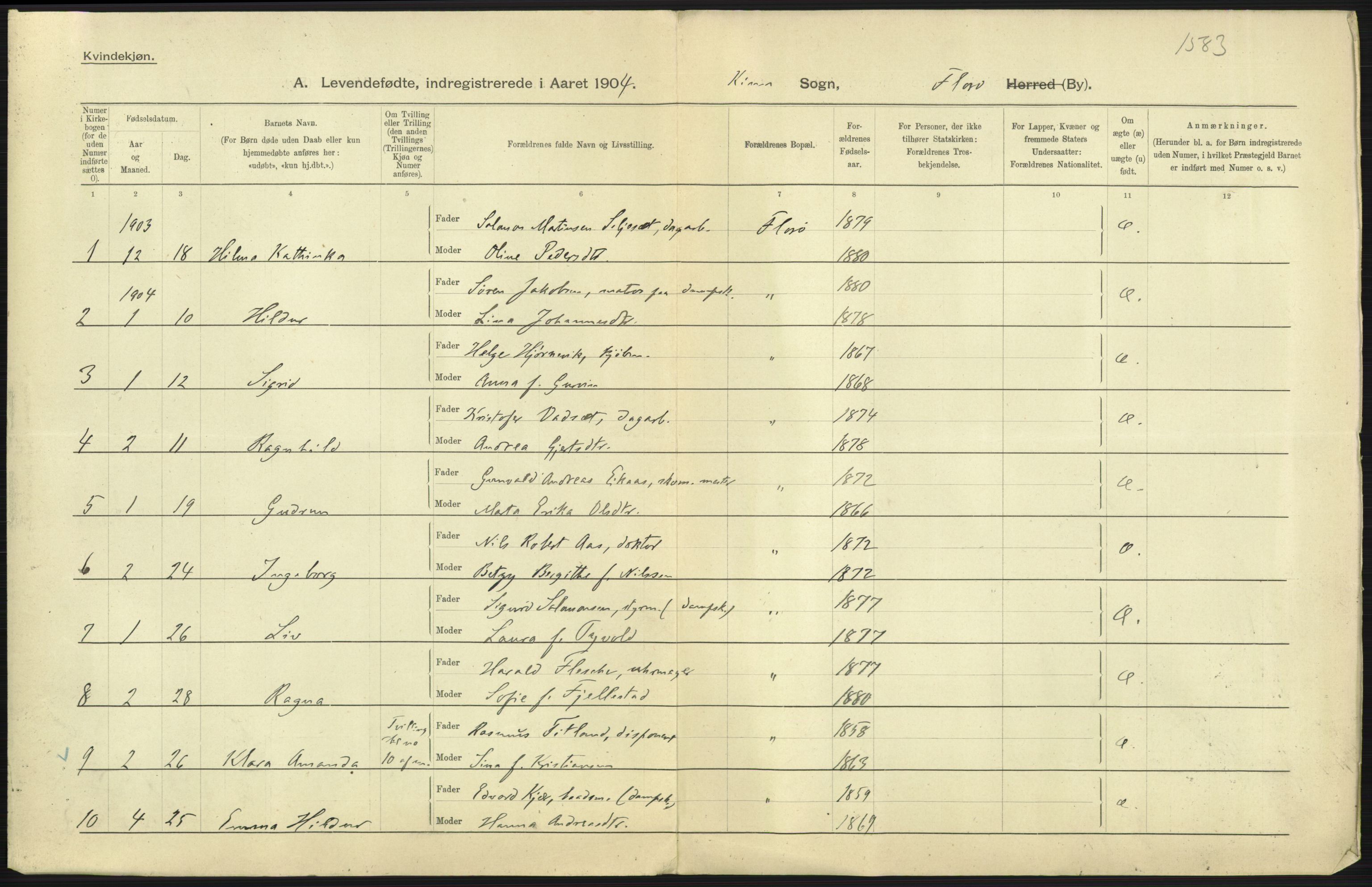 Statistisk sentralbyrå, Sosiodemografiske emner, Befolkning, AV/RA-S-2228/D/Df/Dfa/Dfab/L0024: Florø: Fødte, gifte, døde, 1904, p. 7