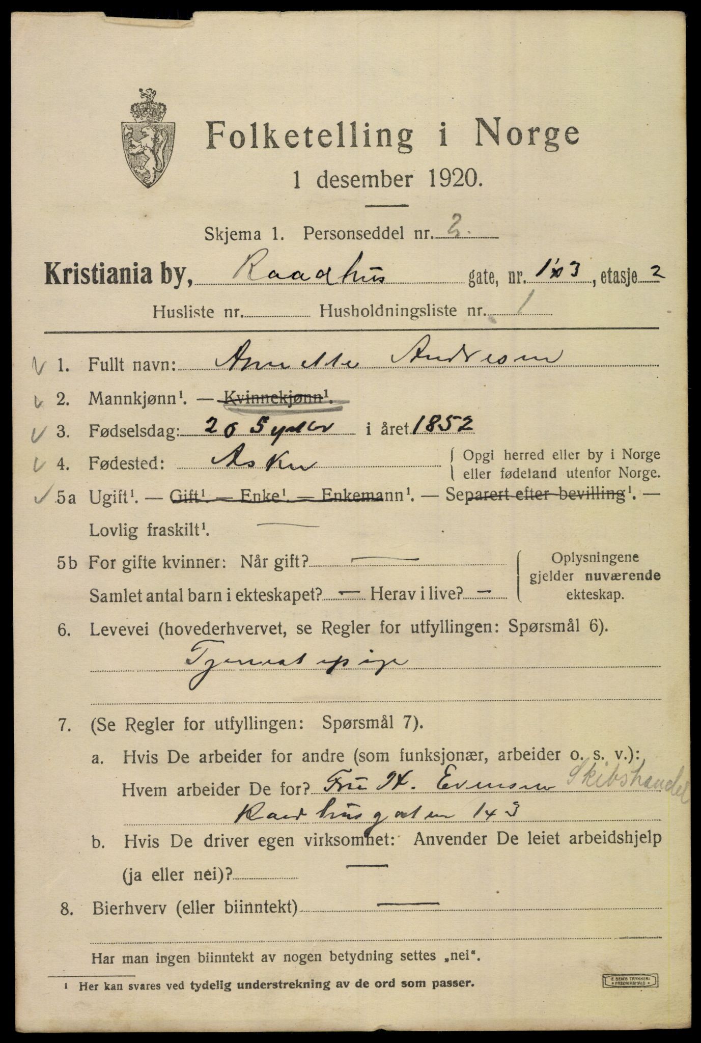 SAO, 1920 census for Kristiania, 1920, p. 460281