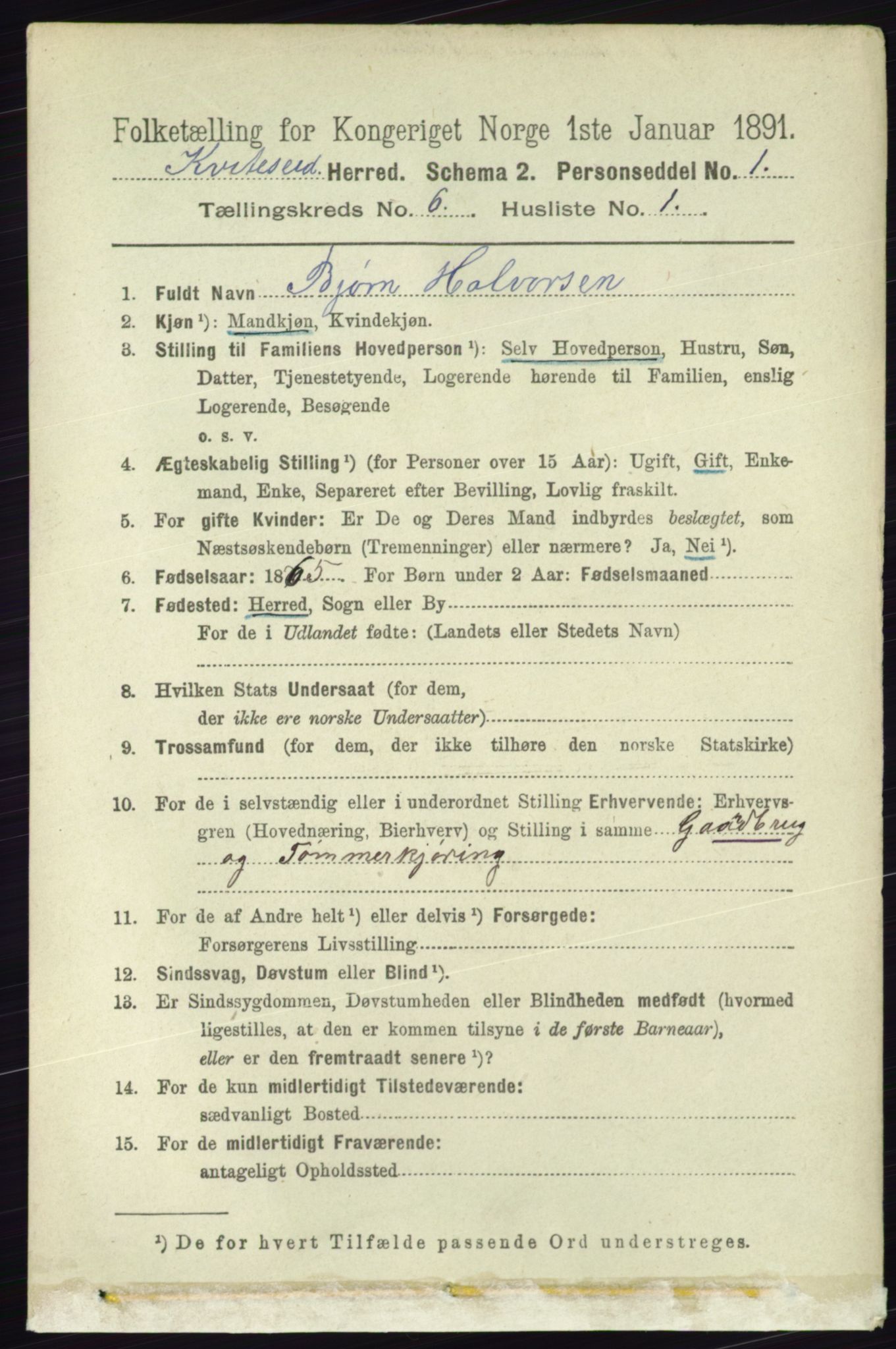 RA, 1891 census for 0829 Kviteseid, 1891, p. 1168