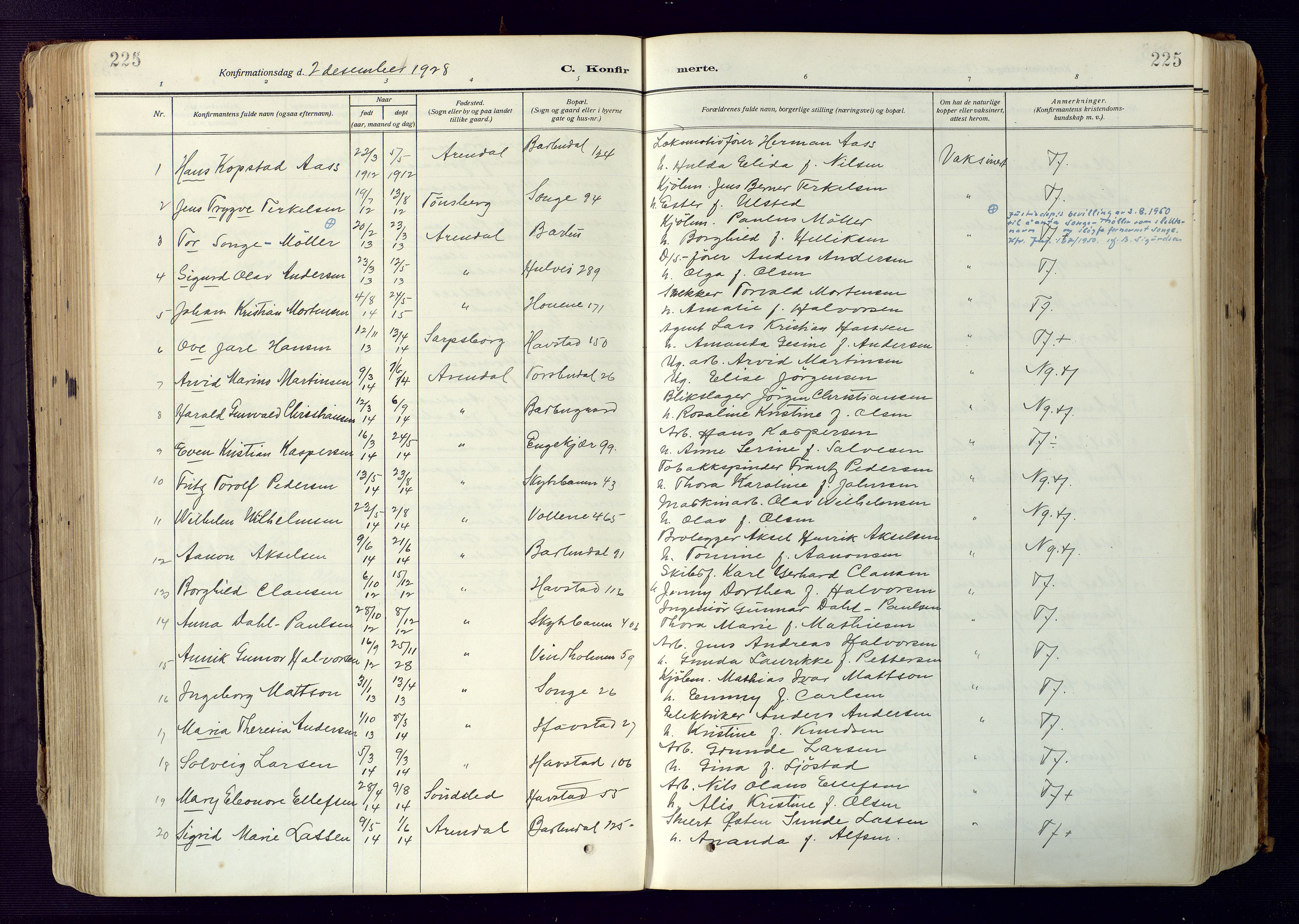 Barbu sokneprestkontor, AV/SAK-1111-0003/F/Fa/L0006: Parish register (official) no. A 6, 1910-1929, p. 225