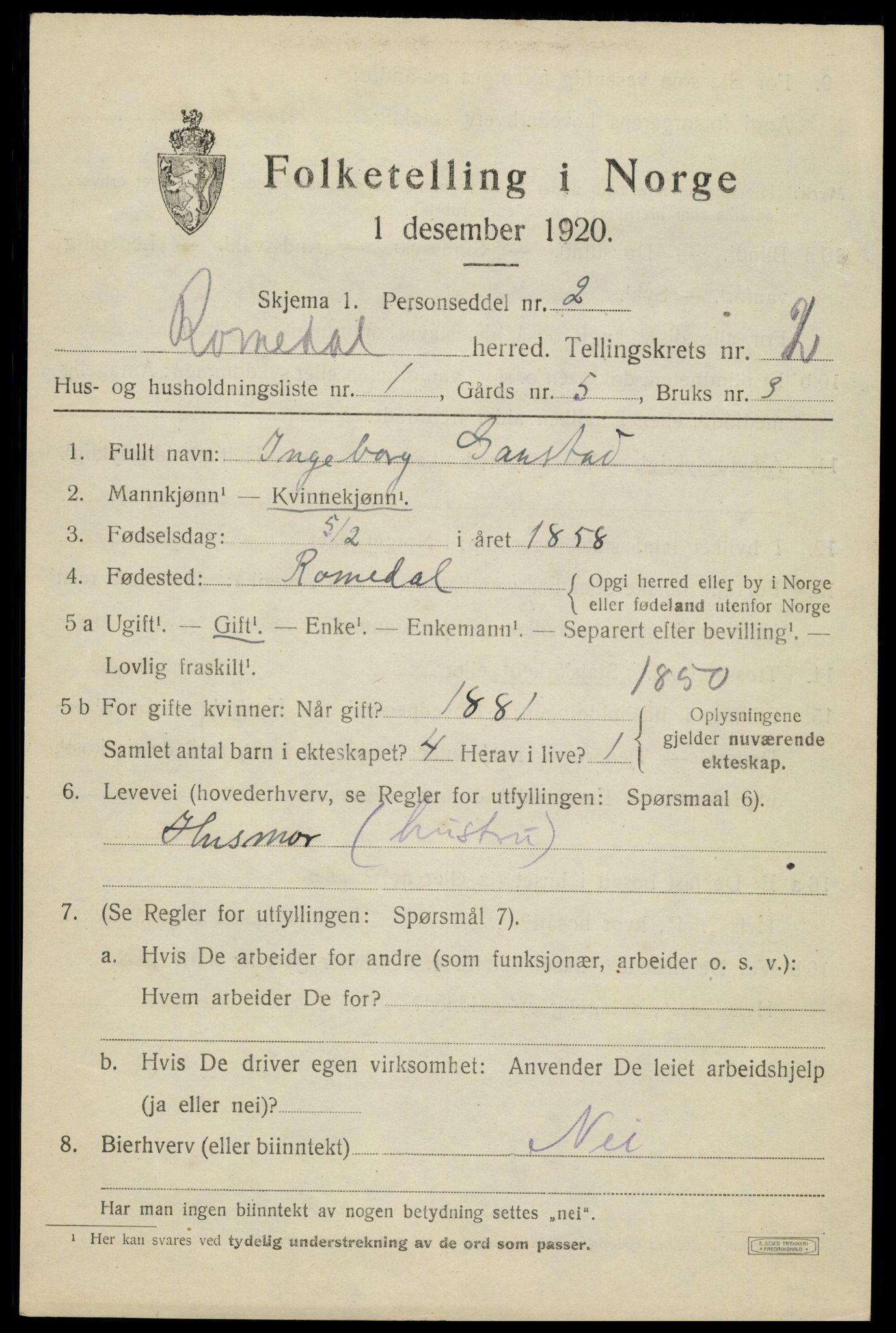 SAH, 1920 census for Romedal, 1920, p. 3145