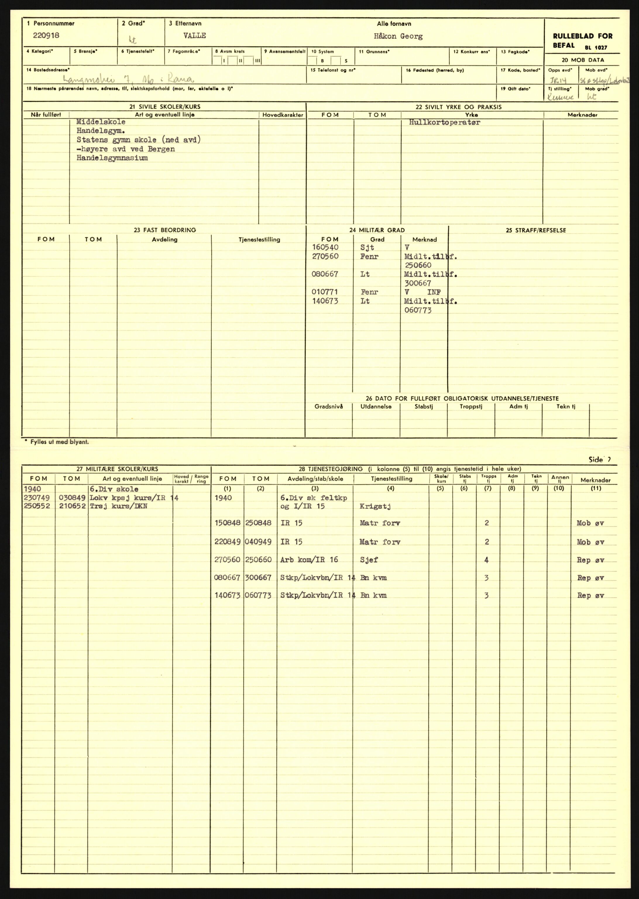 Forsvaret, Sør-Hålogaland landforsvar, AV/RA-RAFA-2552/P/Pa/L0303: Personellmapper for slettet personell, yrkesbefal og vernepliktig befal, født 1917-1920, 1936-1980, p. 449