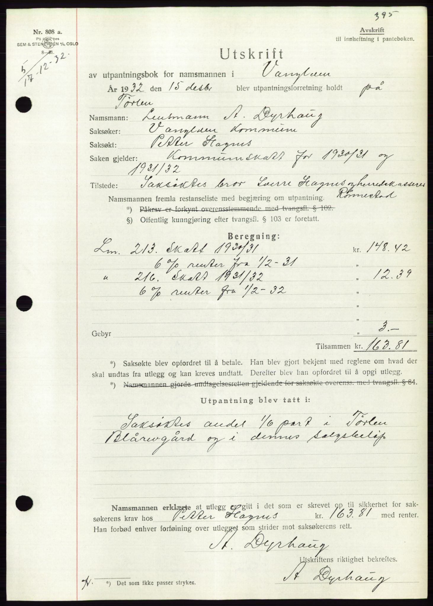 Søre Sunnmøre sorenskriveri, AV/SAT-A-4122/1/2/2C/L0054: Mortgage book no. 48, 1932-1933, Deed date: 17.12.1932