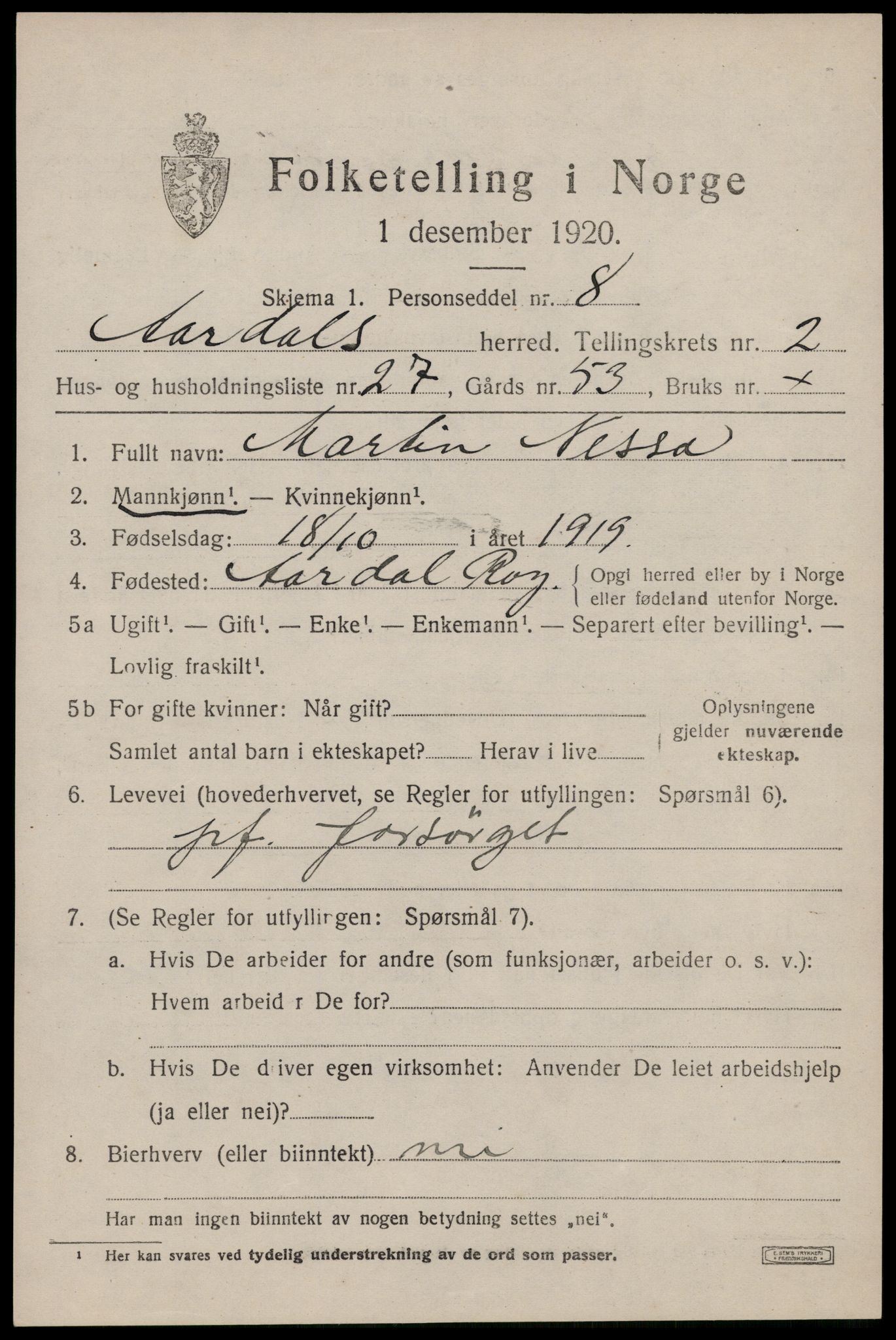 SAST, 1920 census for Årdal, 1920, p. 870