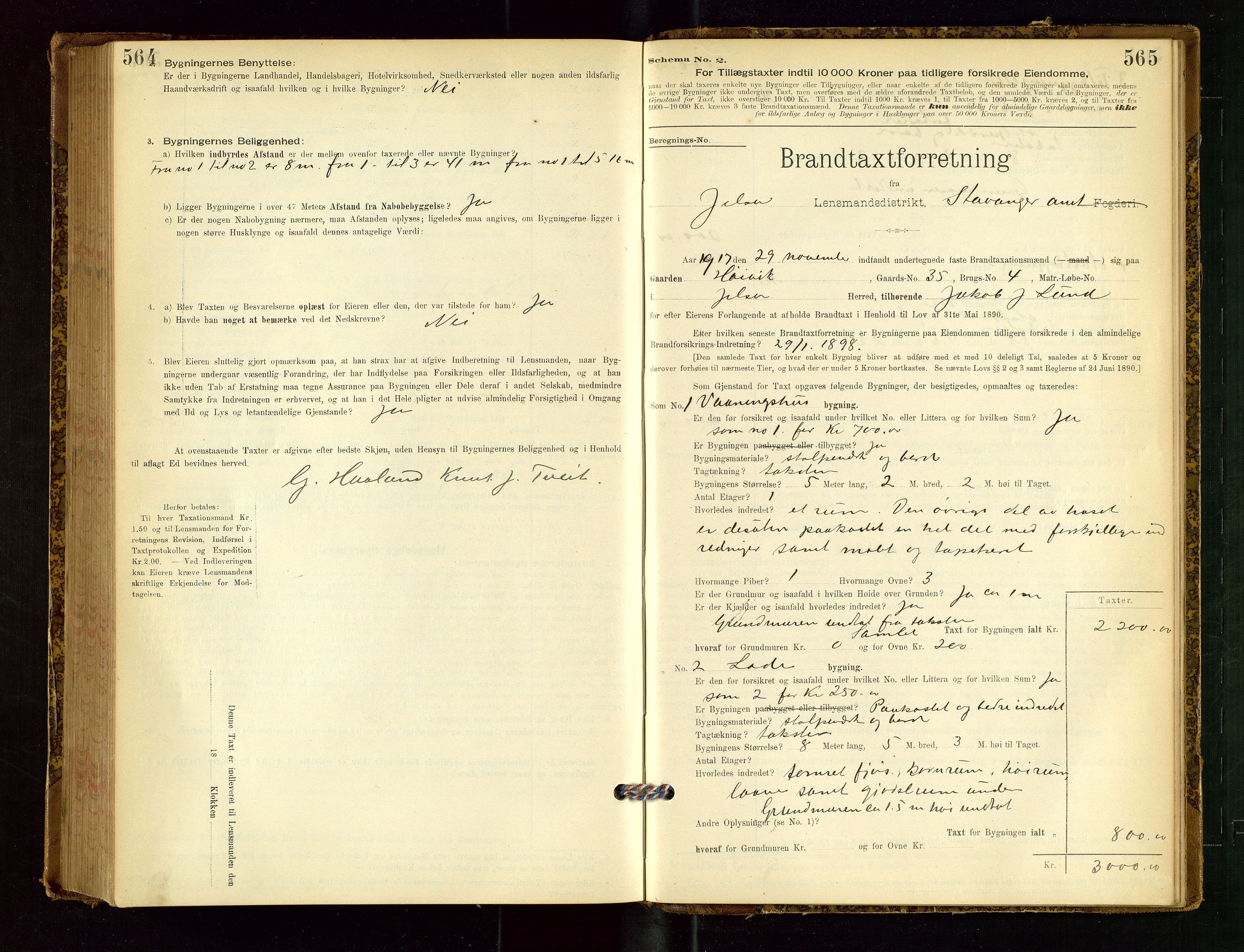 Jelsa lensmannskontor, SAST/A-100360/Gob/L0001: "Brandtaxationsprotocol", 1895-1918, p. 564-565