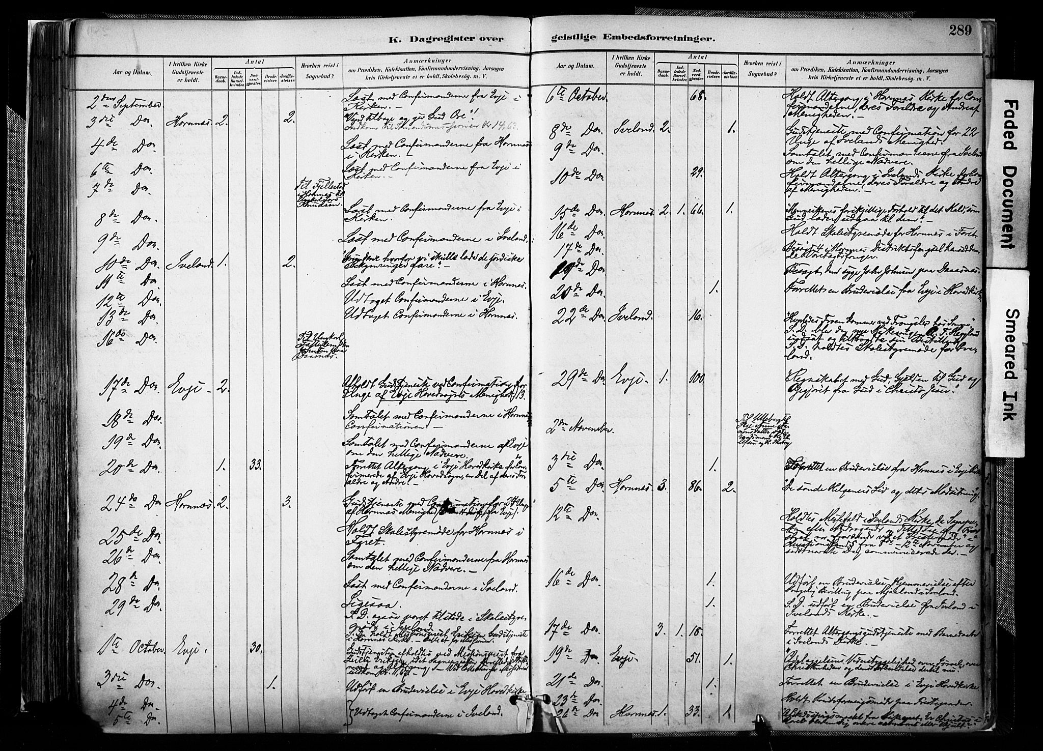 Evje sokneprestkontor, AV/SAK-1111-0008/F/Fa/Faa/L0007: Parish register (official) no. A 7, 1884-1909, p. 289