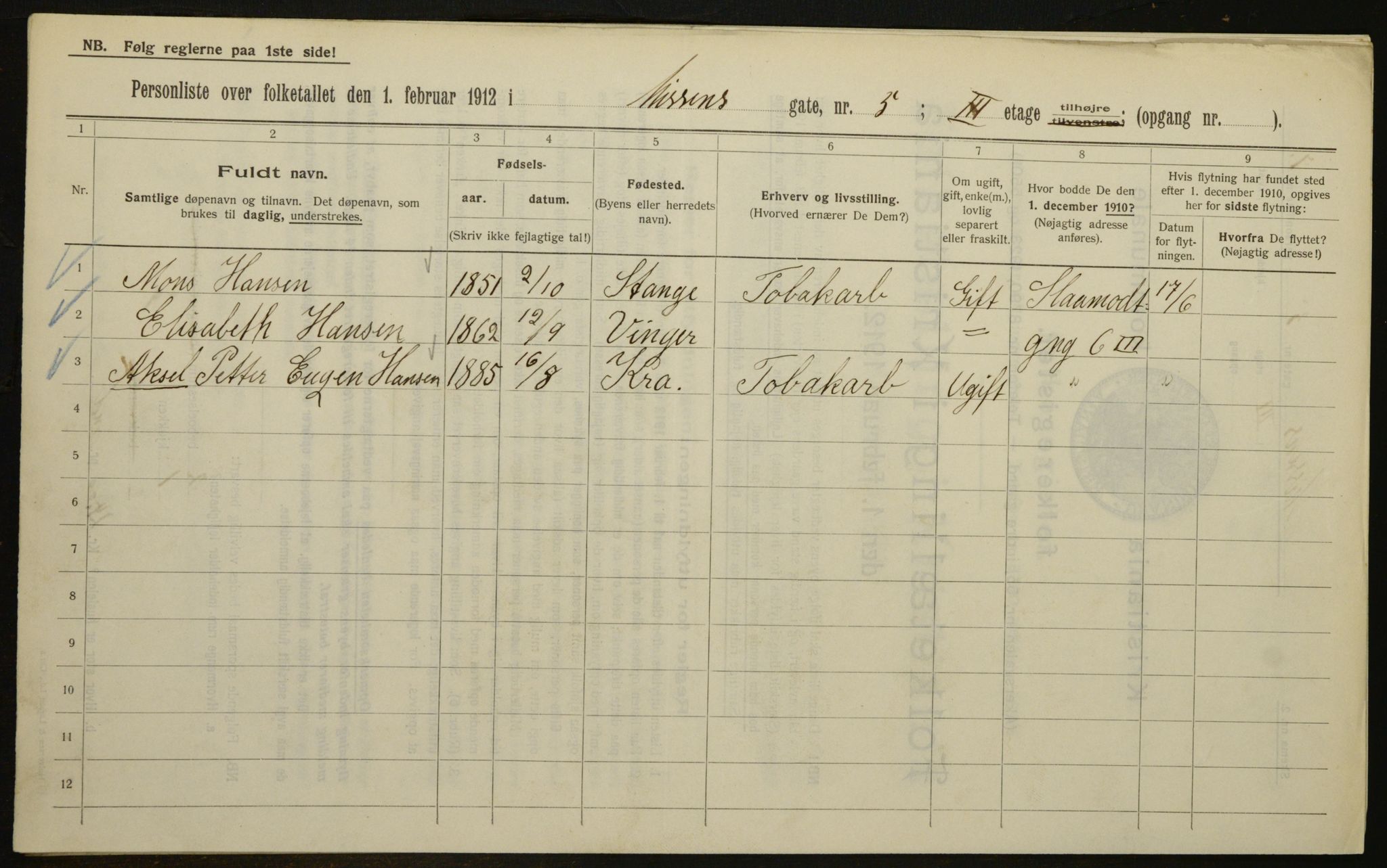 OBA, Municipal Census 1912 for Kristiania, 1912, p. 71765