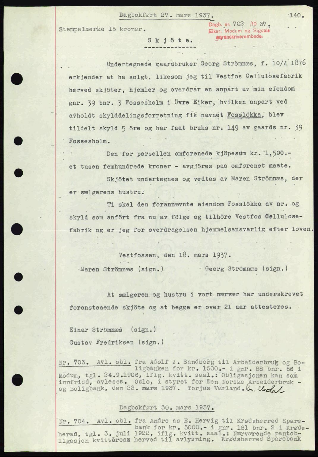 Eiker, Modum og Sigdal sorenskriveri, SAKO/A-123/G/Ga/Gab/L0035: Mortgage book no. A5, 1937-1937, Diary no: : 702/1937