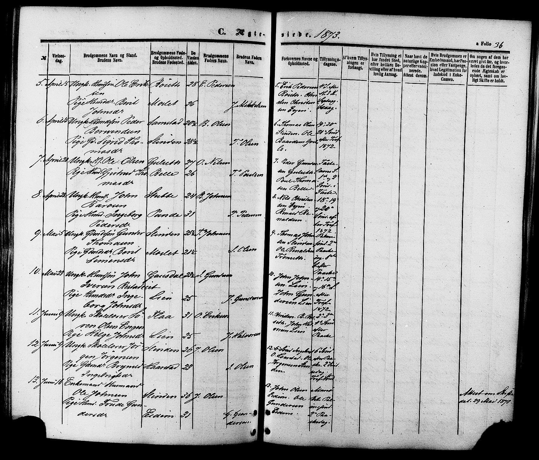 Ministerialprotokoller, klokkerbøker og fødselsregistre - Sør-Trøndelag, SAT/A-1456/695/L1147: Parish register (official) no. 695A07, 1860-1877, p. 36