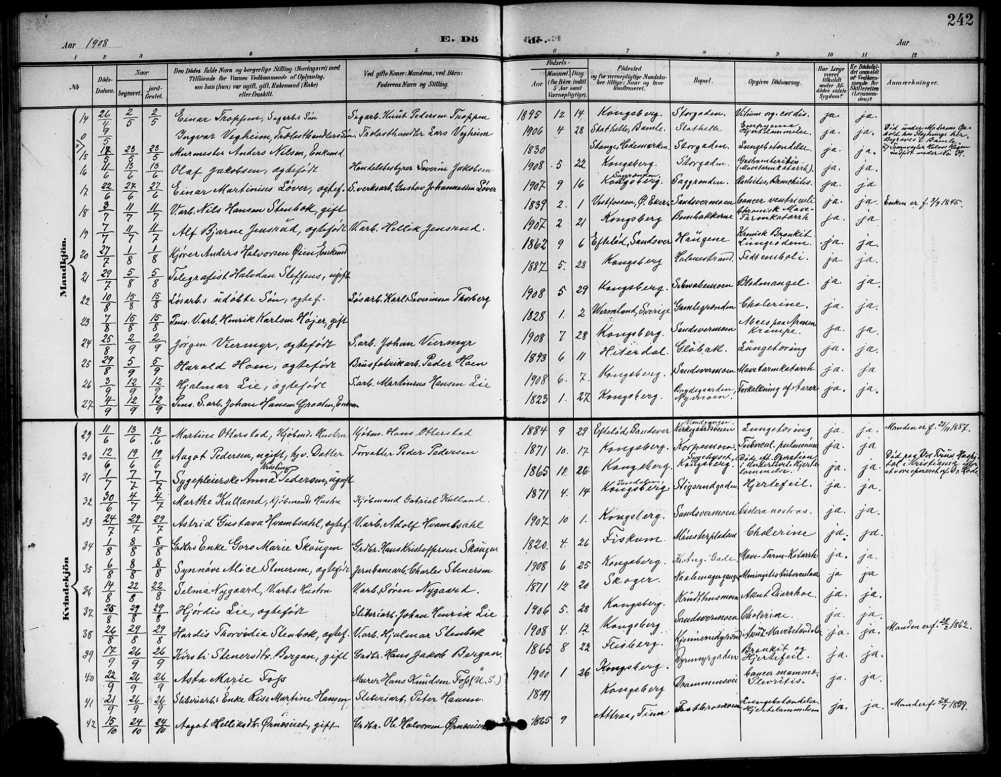 Kongsberg kirkebøker, AV/SAKO-A-22/G/Ga/L0007: Parish register (copy) no. 7, 1901-1915, p. 242