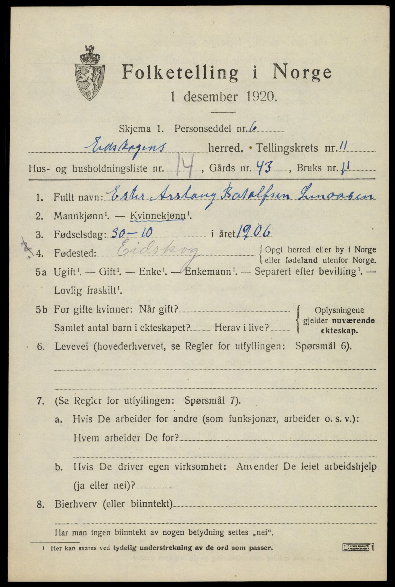 SAH, 1920 census for Eidskog, 1920, p. 11759