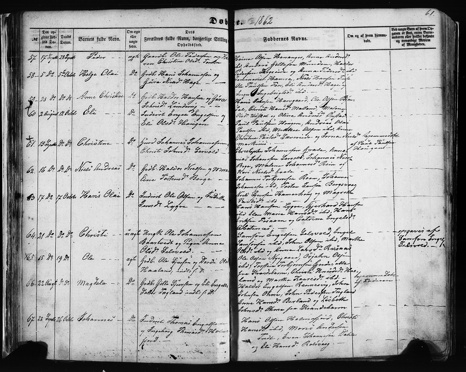 Fusa sokneprestembete, AV/SAB-A-75401/H/Haa: Parish register (official) no. A 1I, 1855-1879, p. 61