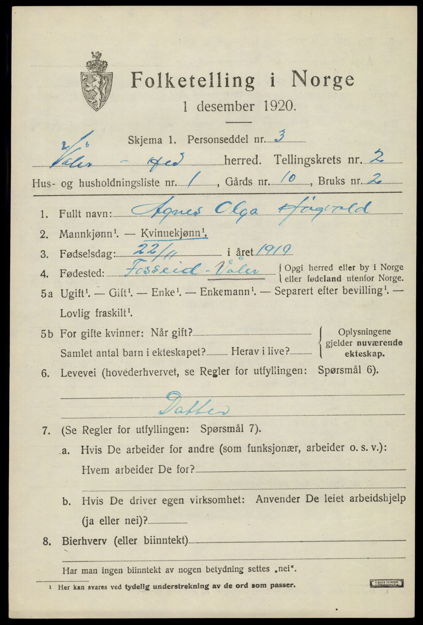 SAH, 1920 census for Våler (Hedmark), 1920, p. 2451