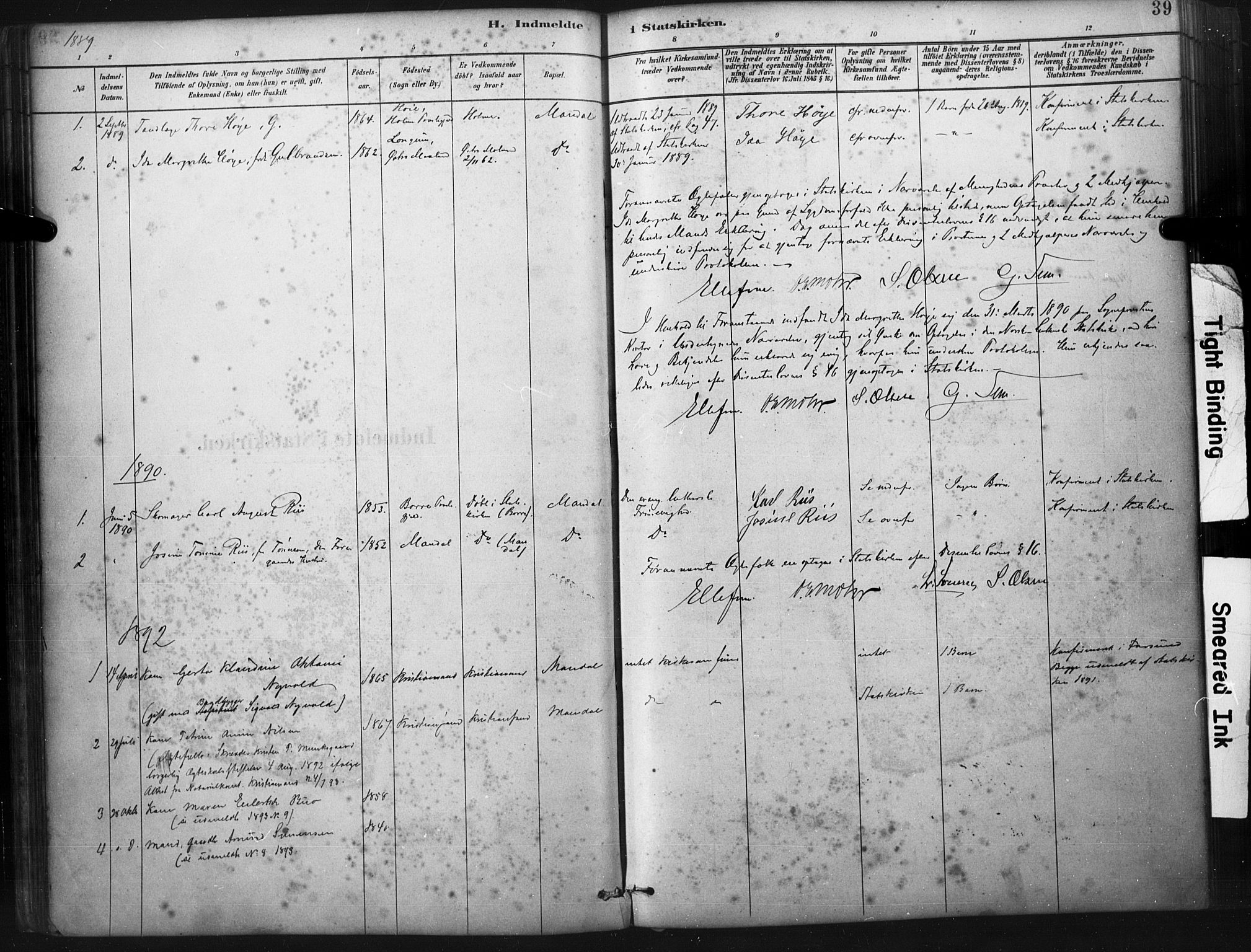 Mandal sokneprestkontor, SAK/1111-0030/F/Fa/Faa/L0017: Parish register (official) no. A 17, 1880-1926, p. 39