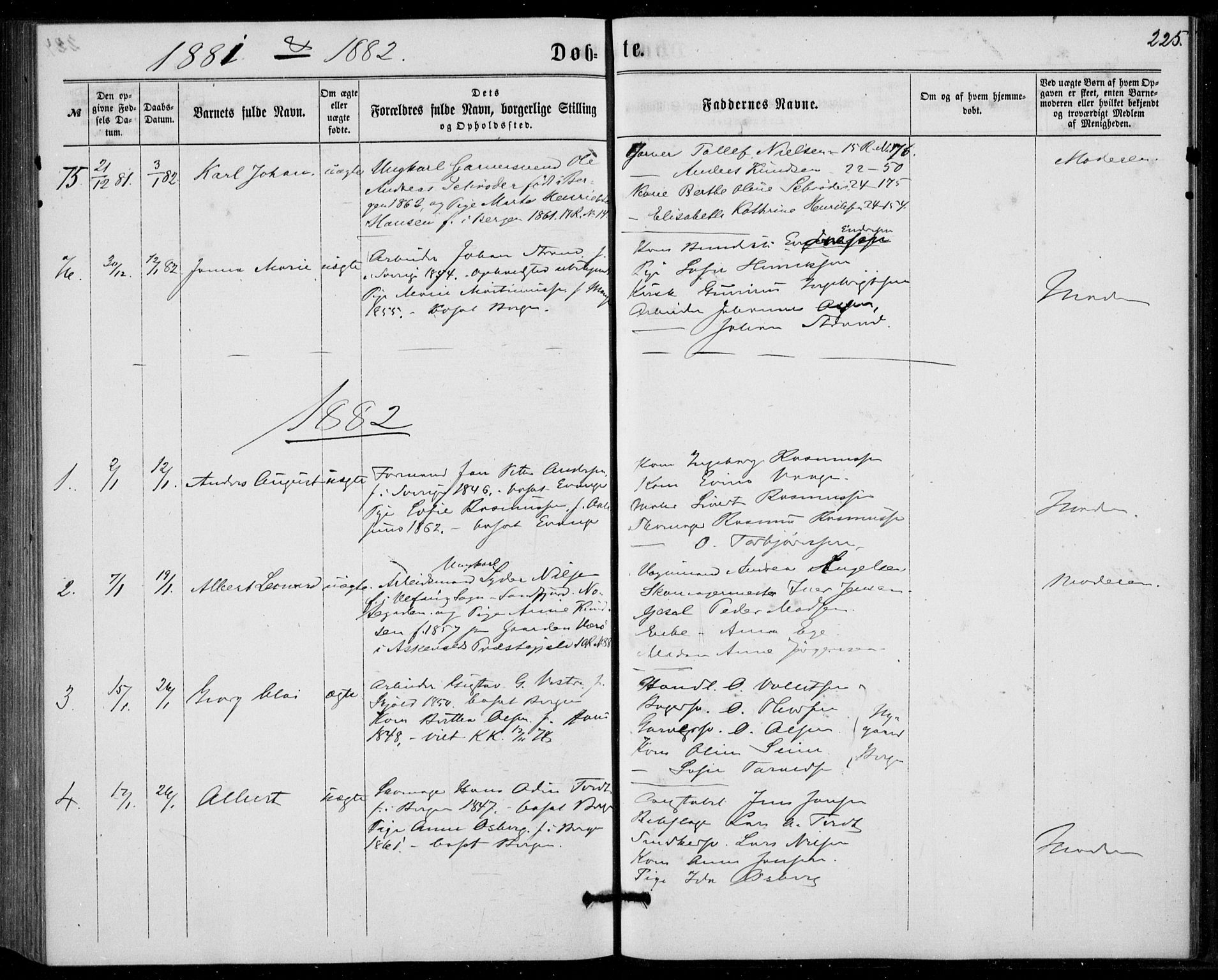 Fødselsstiftelsens sokneprestembete, ført av overlegen*, SAB/-: Parish register (official) no. A 1, 1863-1883, p. 225