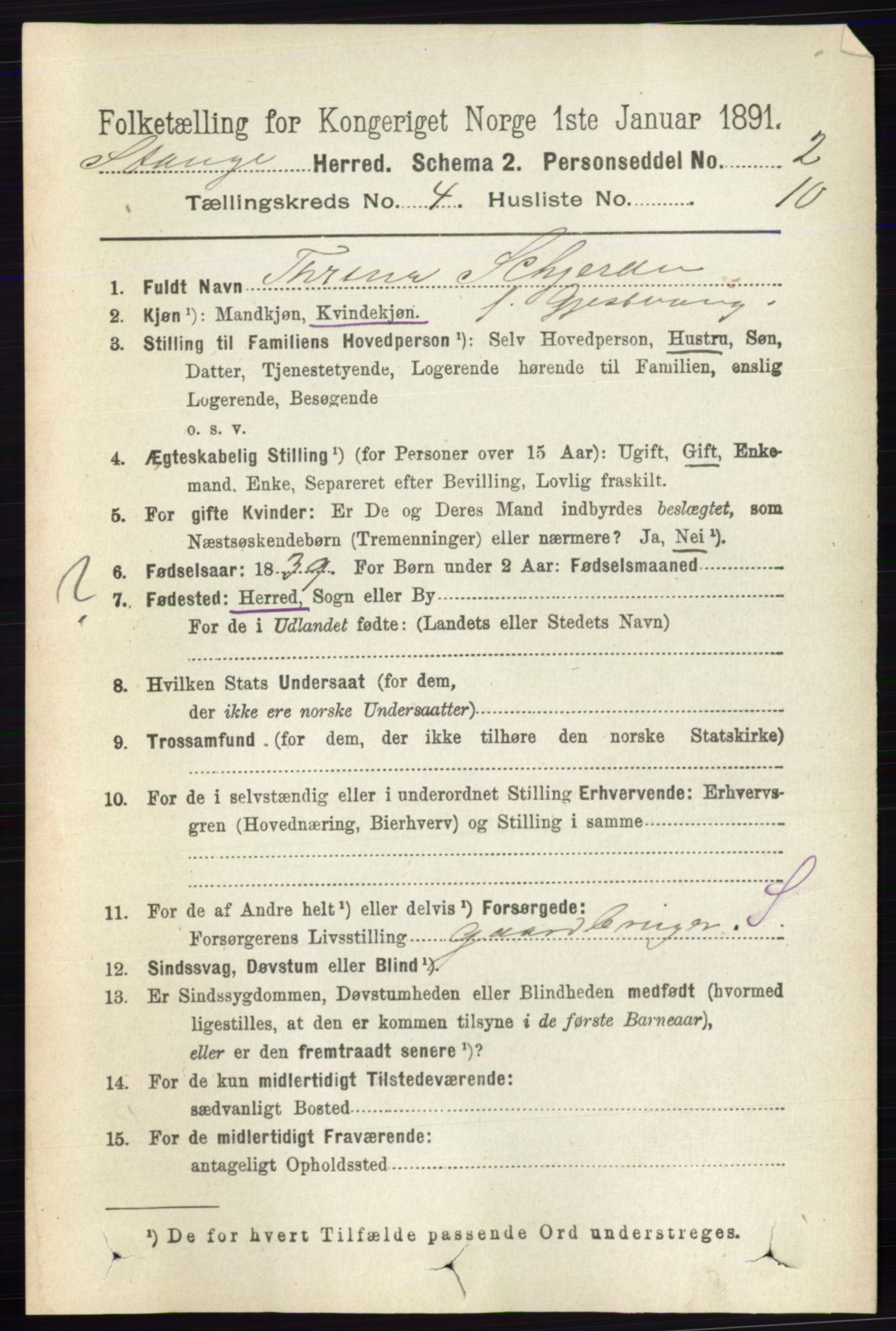 RA, 1891 census for 0417 Stange, 1891, p. 2423