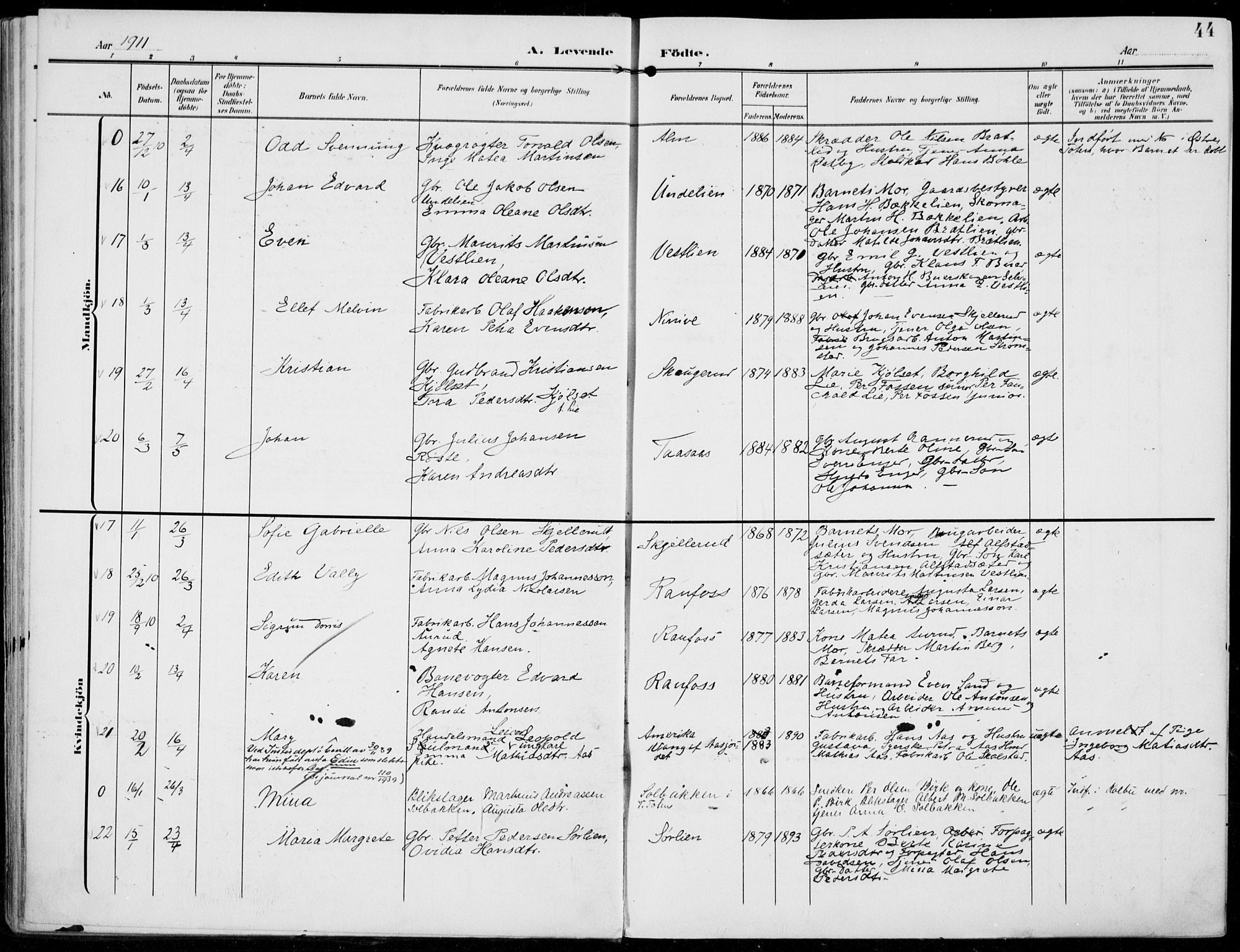 Vestre Toten prestekontor, AV/SAH-PREST-108/H/Ha/Haa/L0014: Parish register (official) no. 14, 1907-1920, p. 44