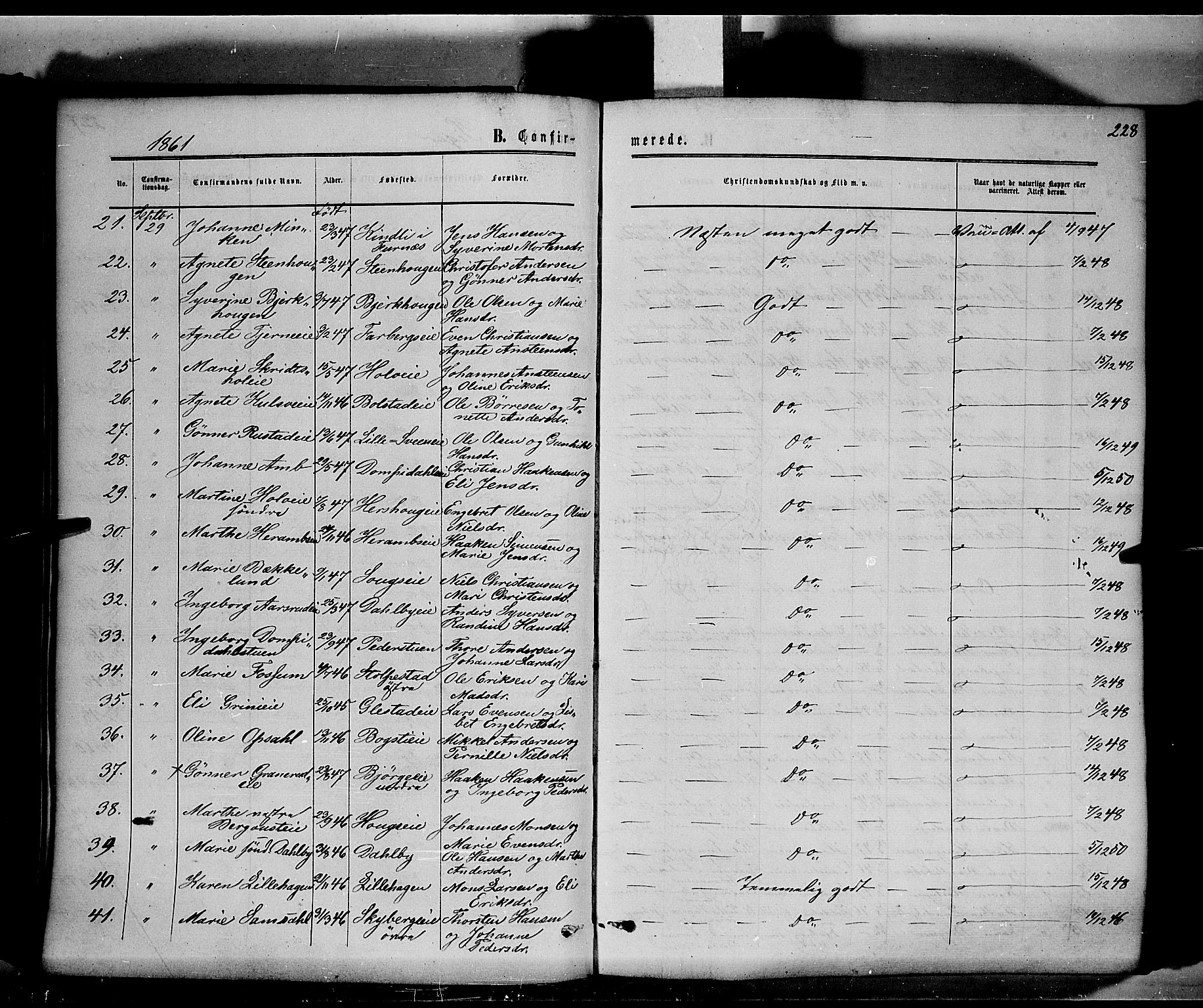 Ringsaker prestekontor, SAH/PREST-014/K/Ka/L0010: Parish register (official) no. 10, 1861-1869, p. 228