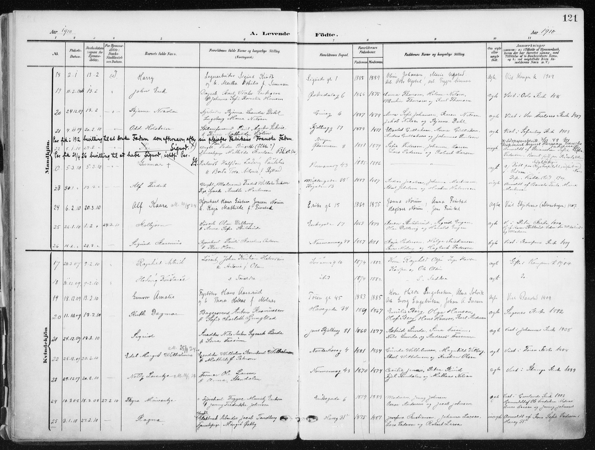 Kampen prestekontor Kirkebøker, AV/SAO-A-10853/F/Fa/L0010: Parish register (official) no. I 10, 1905-1917, p. 121