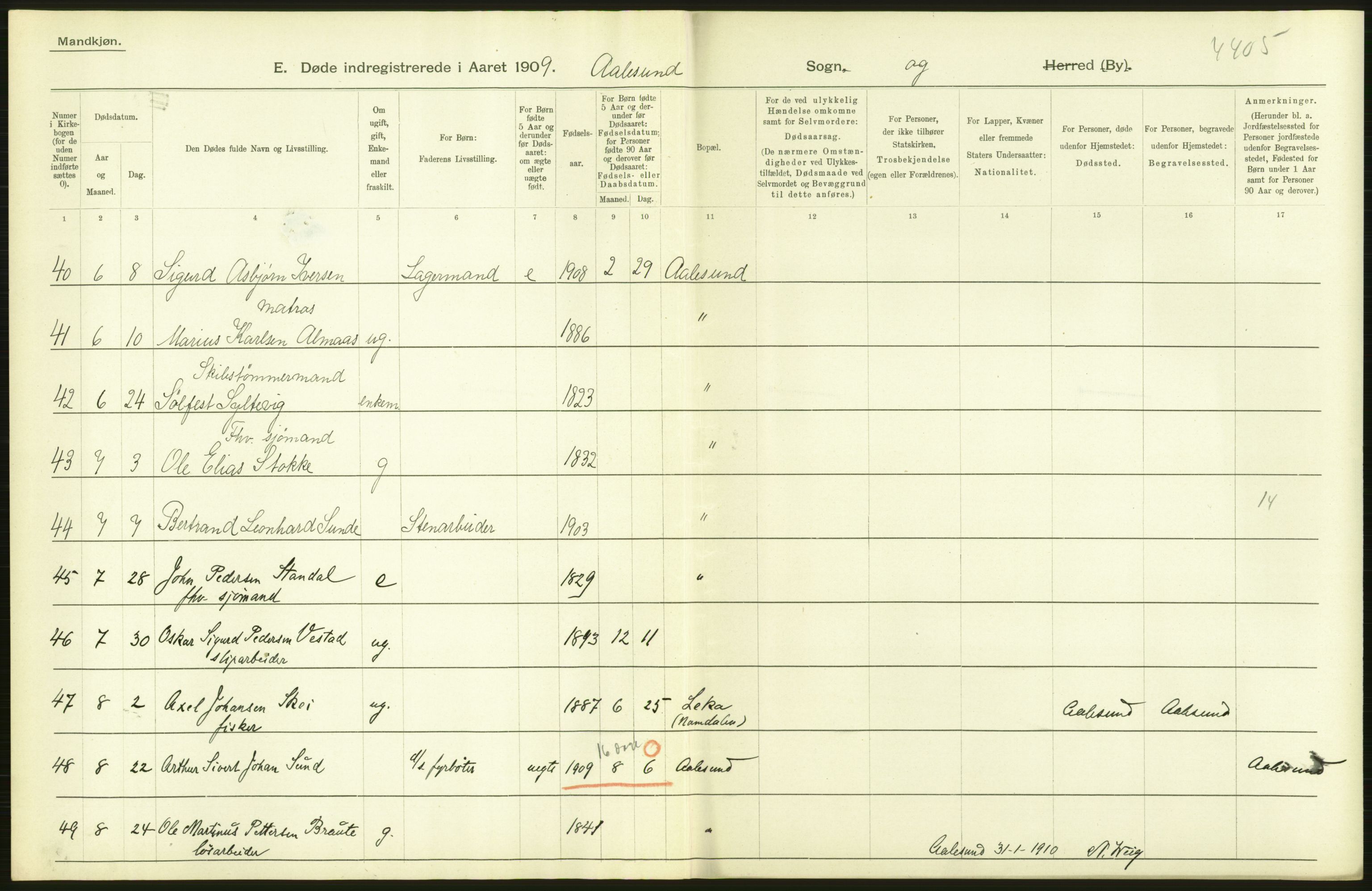 Statistisk sentralbyrå, Sosiodemografiske emner, Befolkning, AV/RA-S-2228/D/Df/Dfa/Dfag/L0038: Romsdals amt: Døde. Bygder og byer., 1909, p. 72