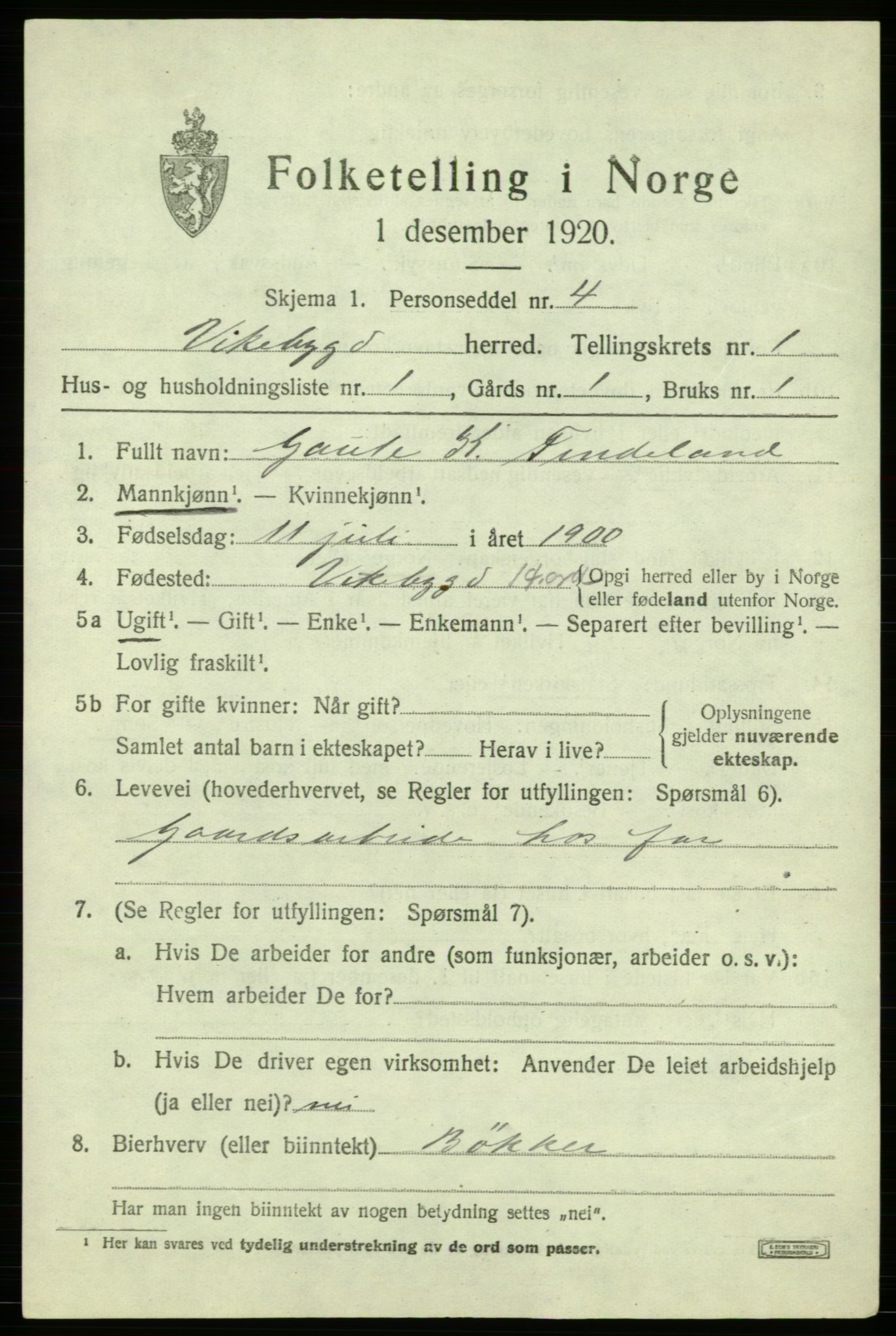 SAB, 1920 census for Vikebygd, 1920, p. 529