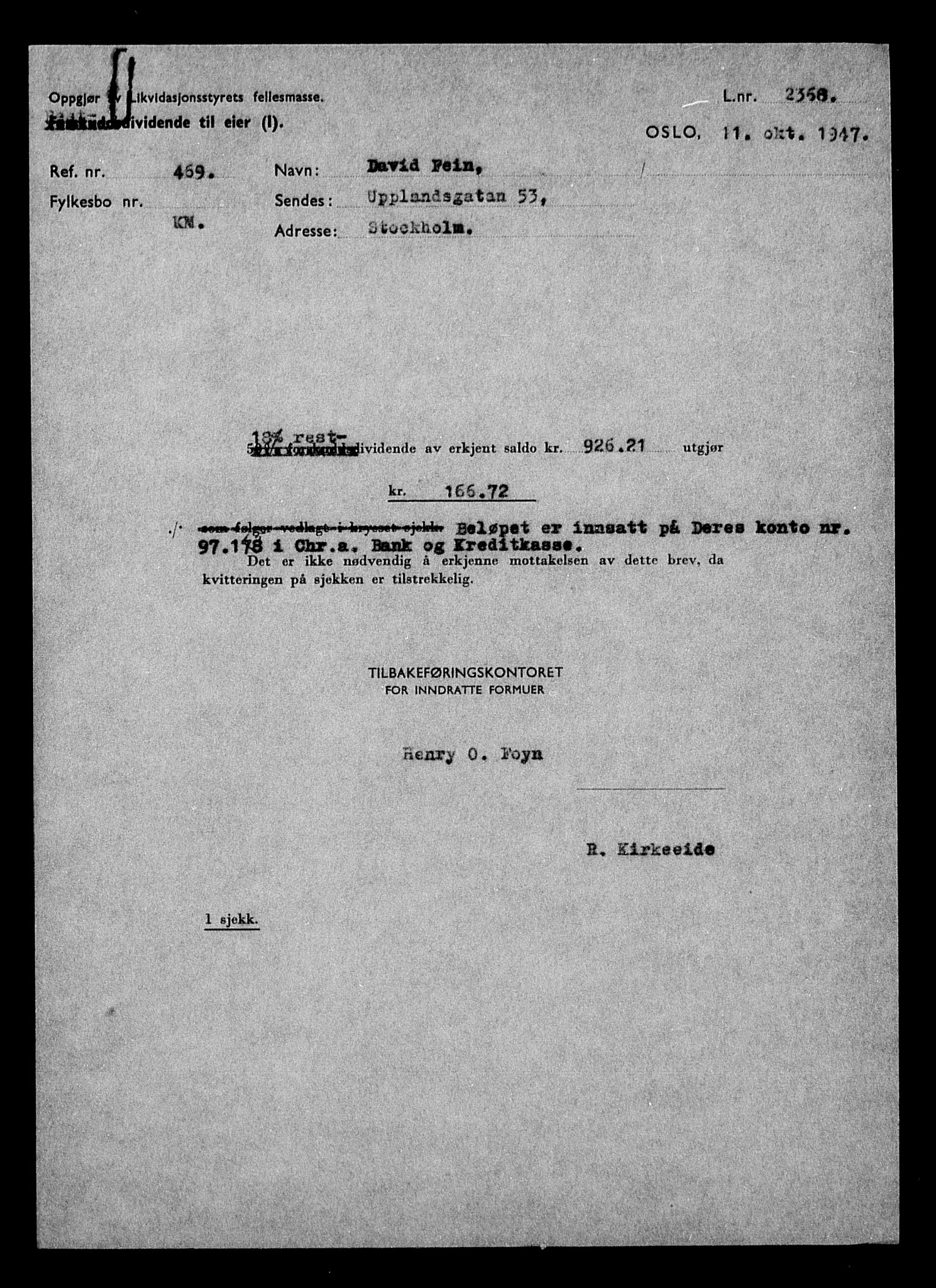 Justisdepartementet, Tilbakeføringskontoret for inndratte formuer, RA/S-1564/H/Hc/Hcc/L0933: --, 1945-1947, p. 412