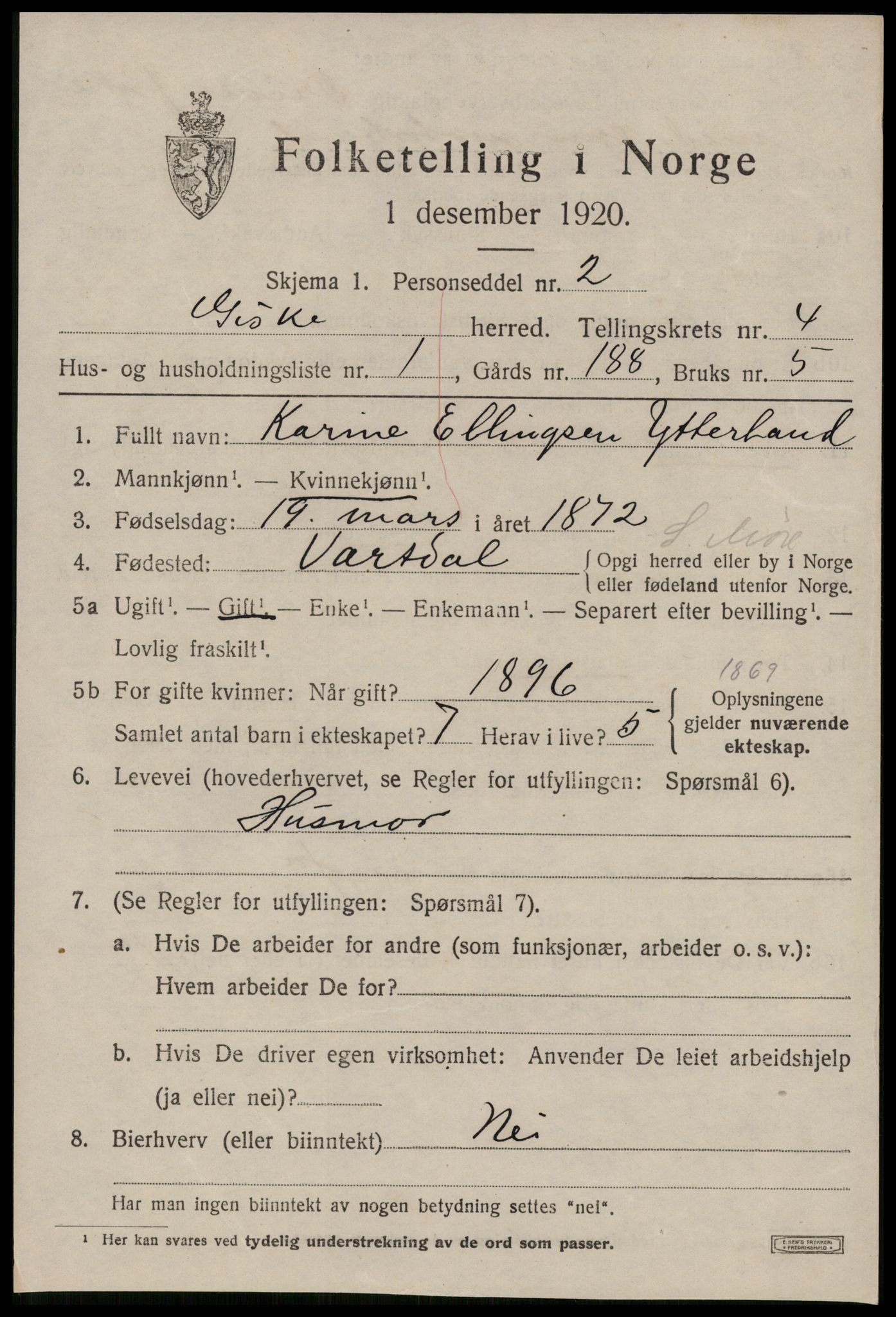 SAT, 1920 census for Giske, 1920, p. 2626