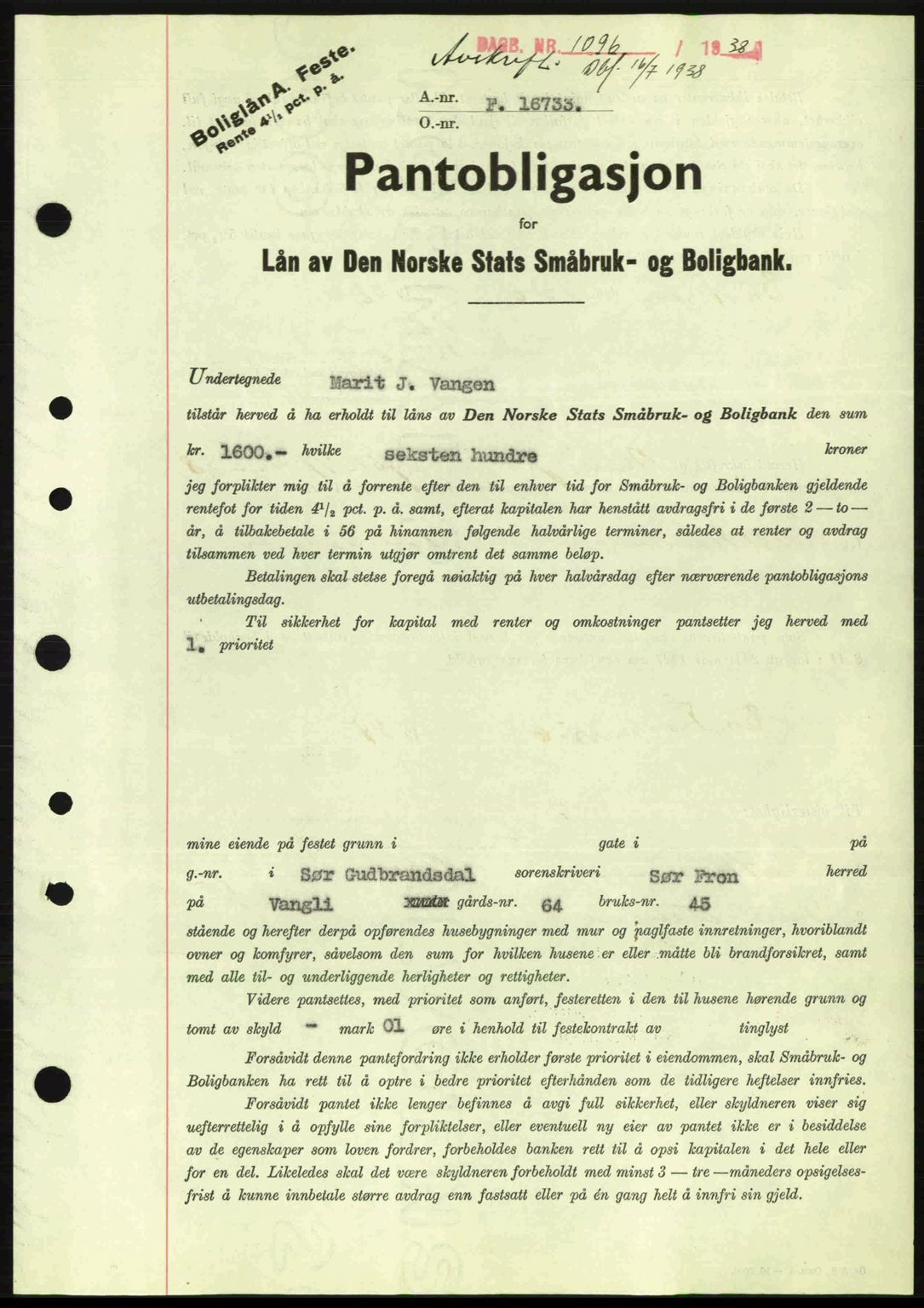 Sør-Gudbrandsdal tingrett, SAH/TING-004/H/Hb/Hbe/L0001: Mortgage book no. B1, 1936-1939, Diary no: : 1096/1938