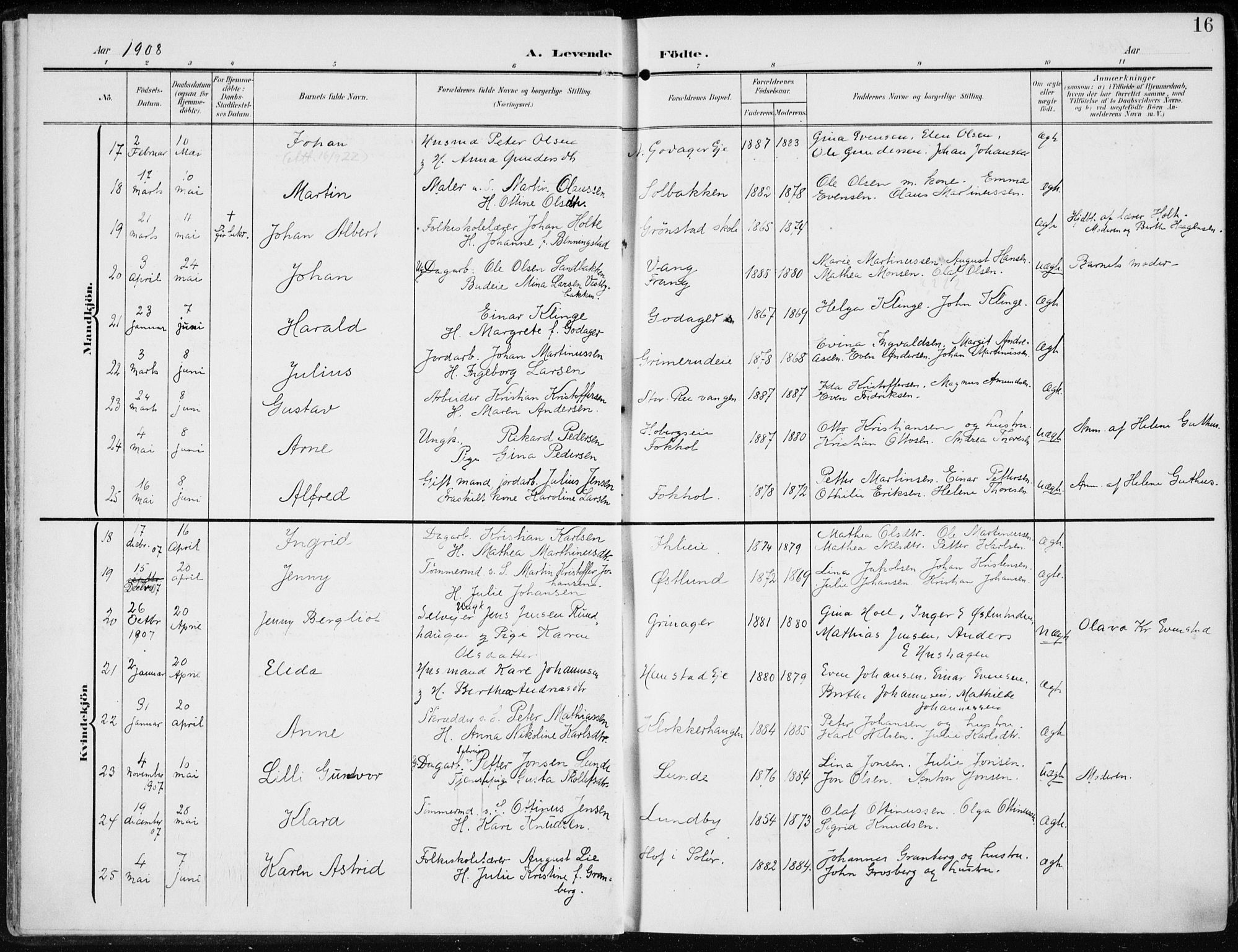 Stange prestekontor, AV/SAH-PREST-002/K/L0024: Parish register (official) no. 24, 1906-1922, p. 16